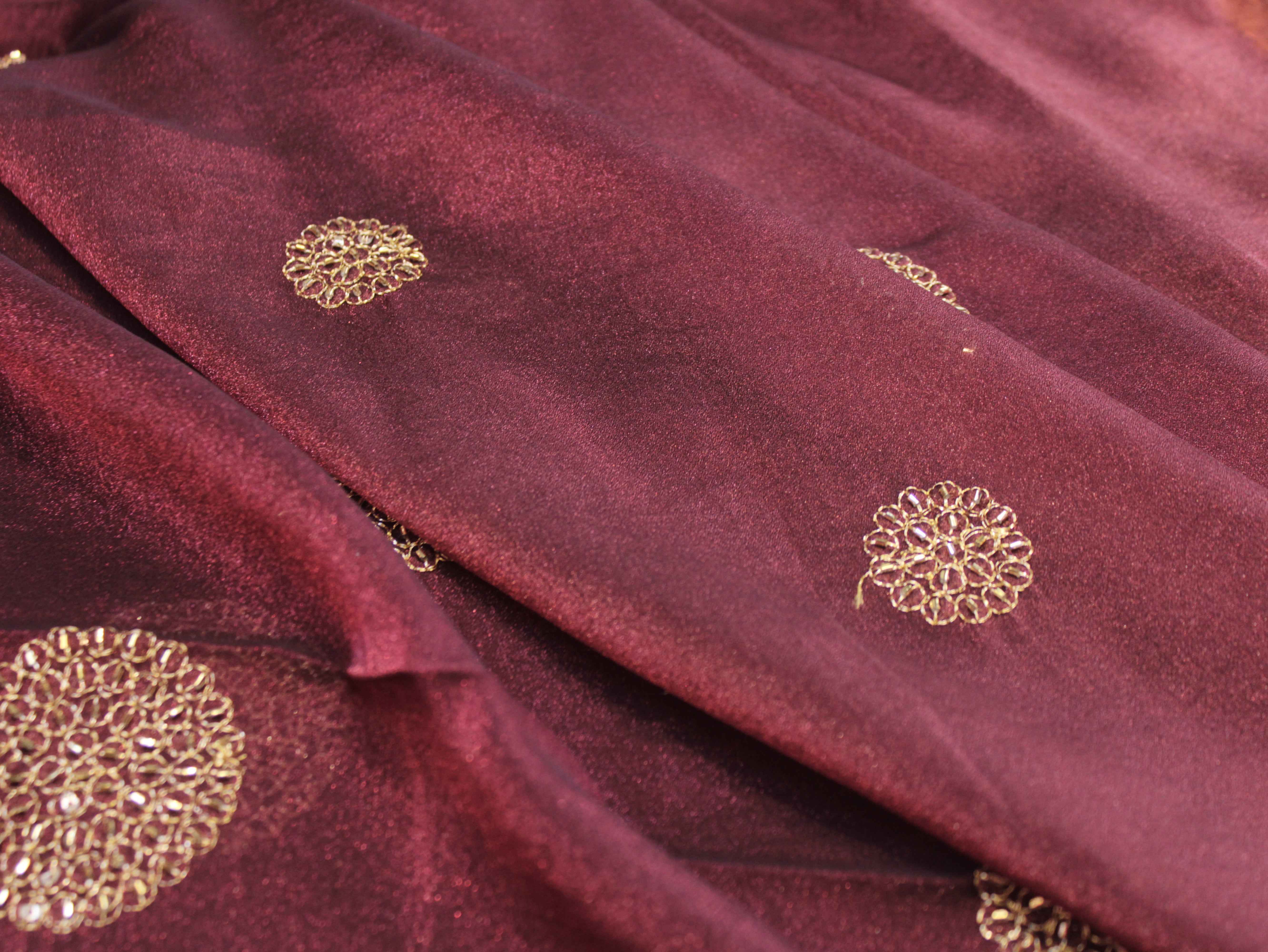 Premium Soft Tissue Organza with Round Patch Zari & Semi Bits Work - Wine