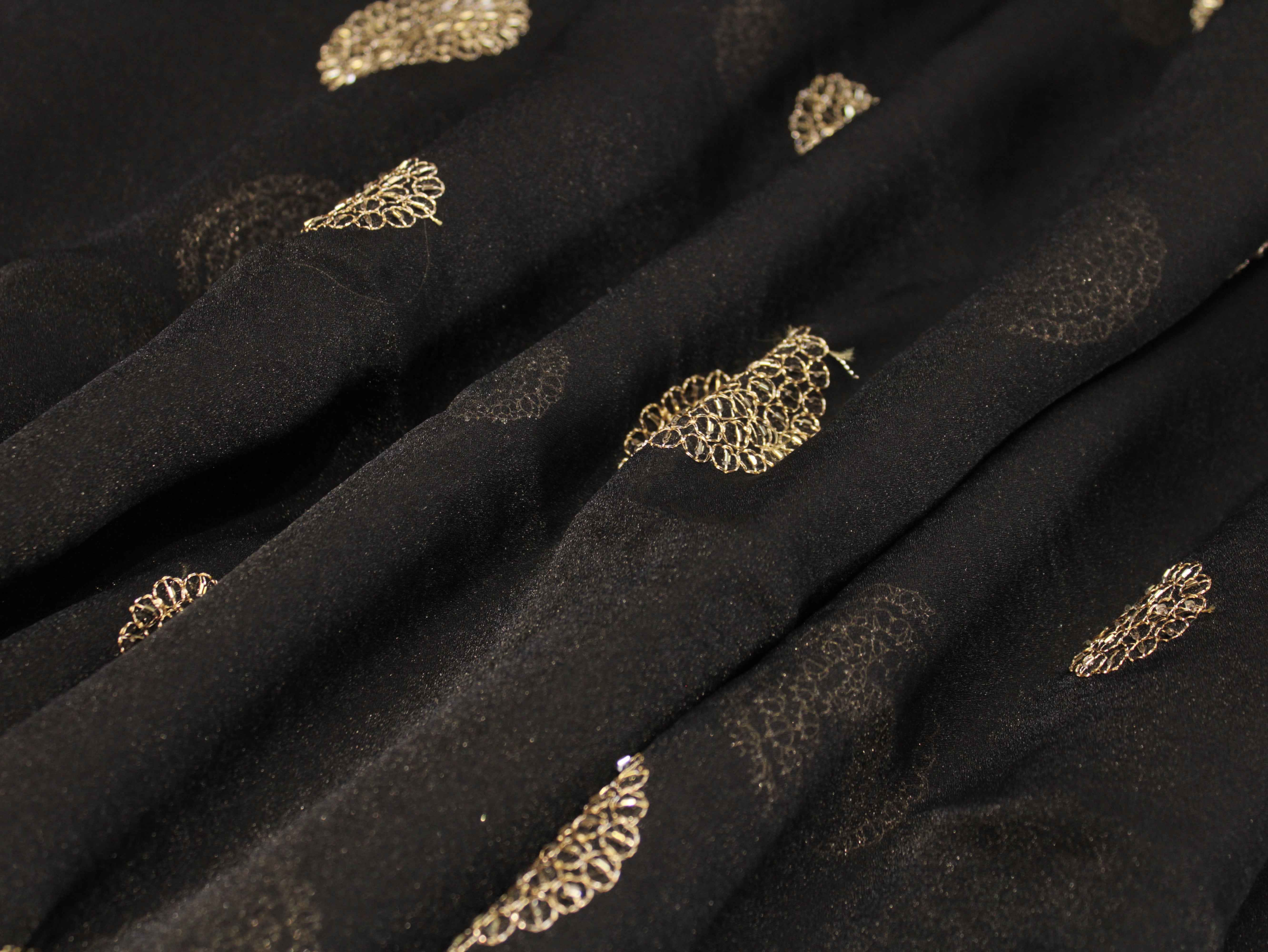 Premium Soft Tissue Organza with Round Patch Zari & Semi Bits Work - Black