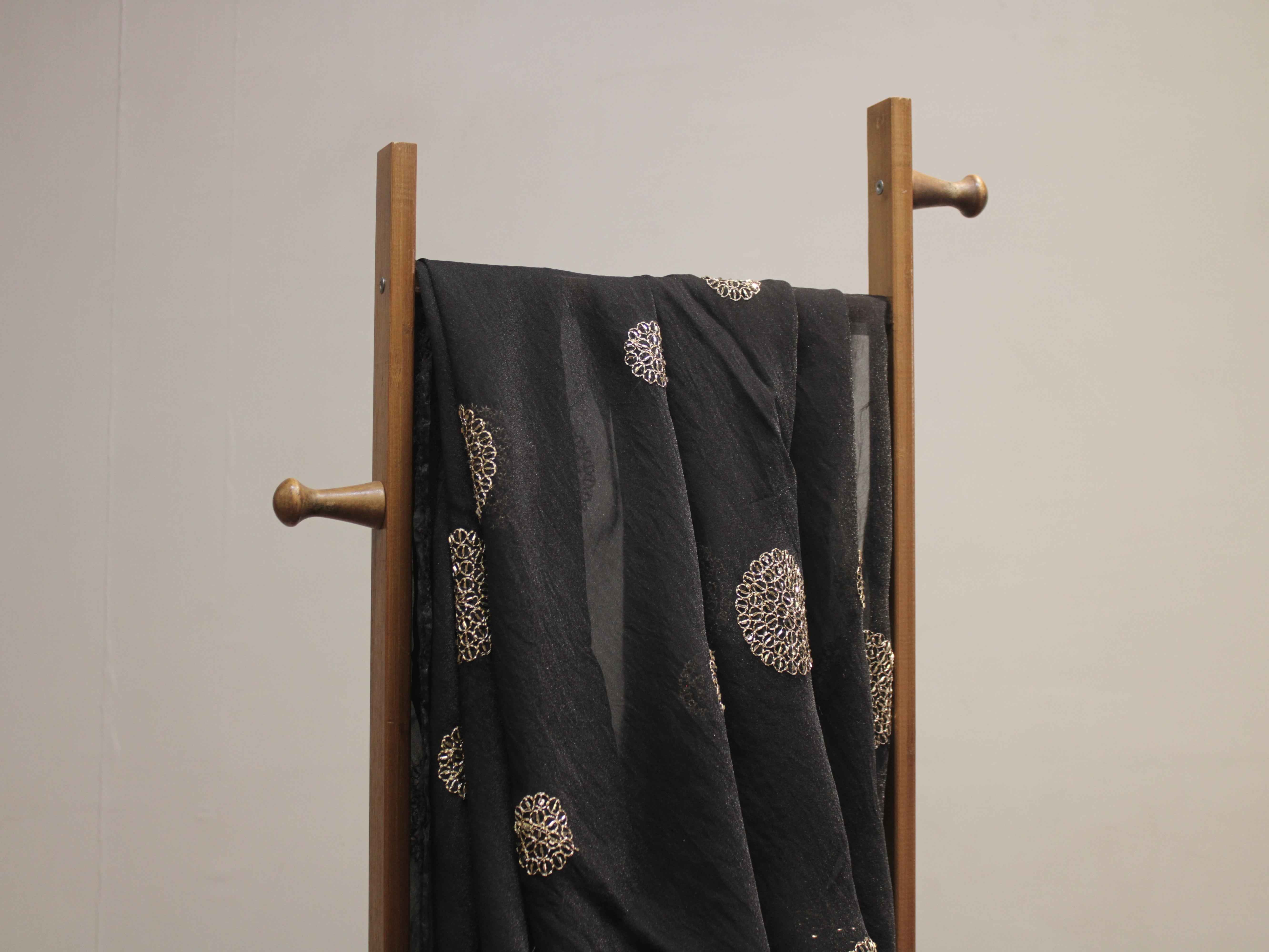 Premium Soft Tissue Organza with Round Patch Zari & Semi Bits Work - Black