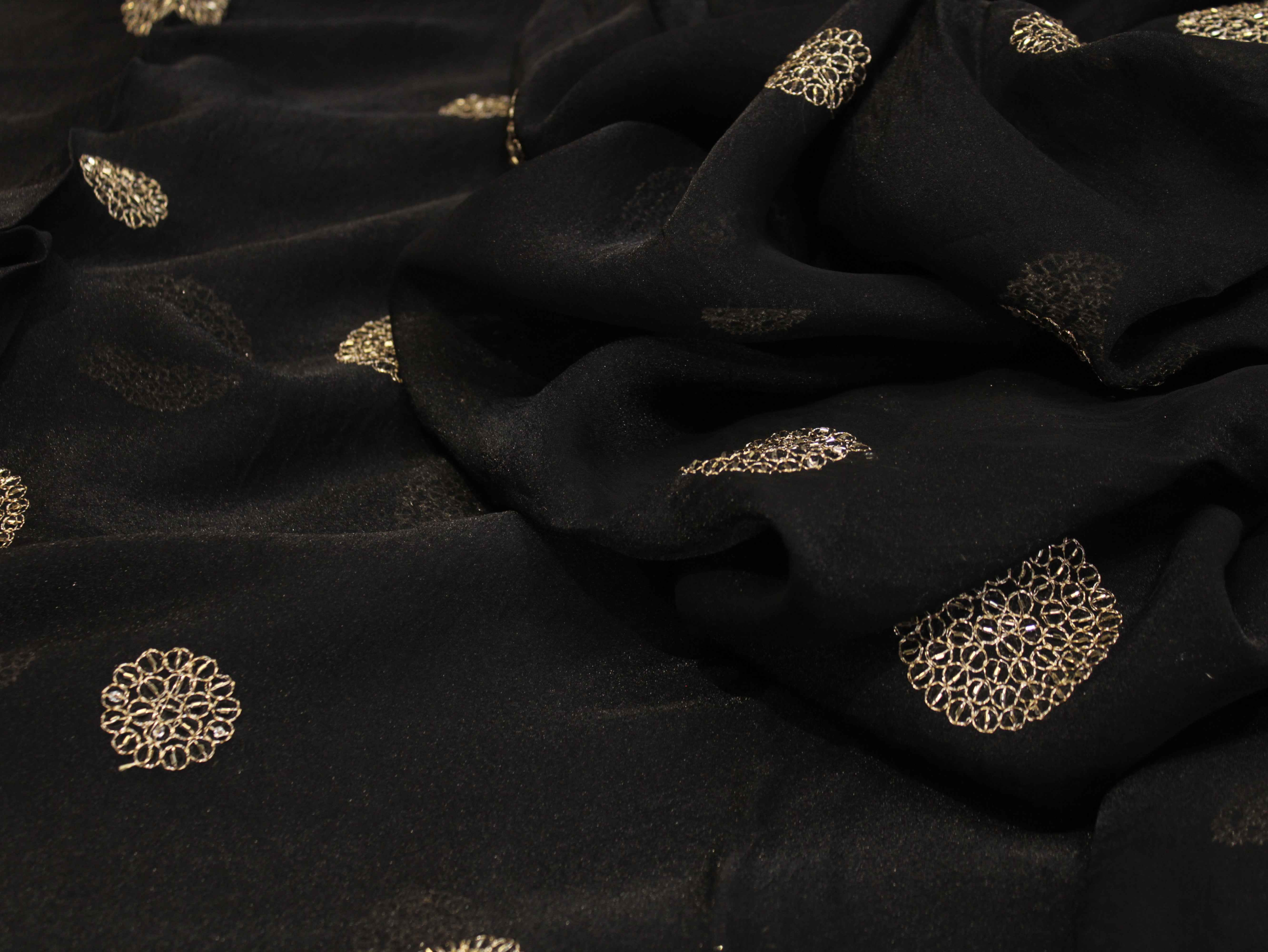 Premium Soft Tissue Organza with Round Patch Zari & Semi Bits Work - Black