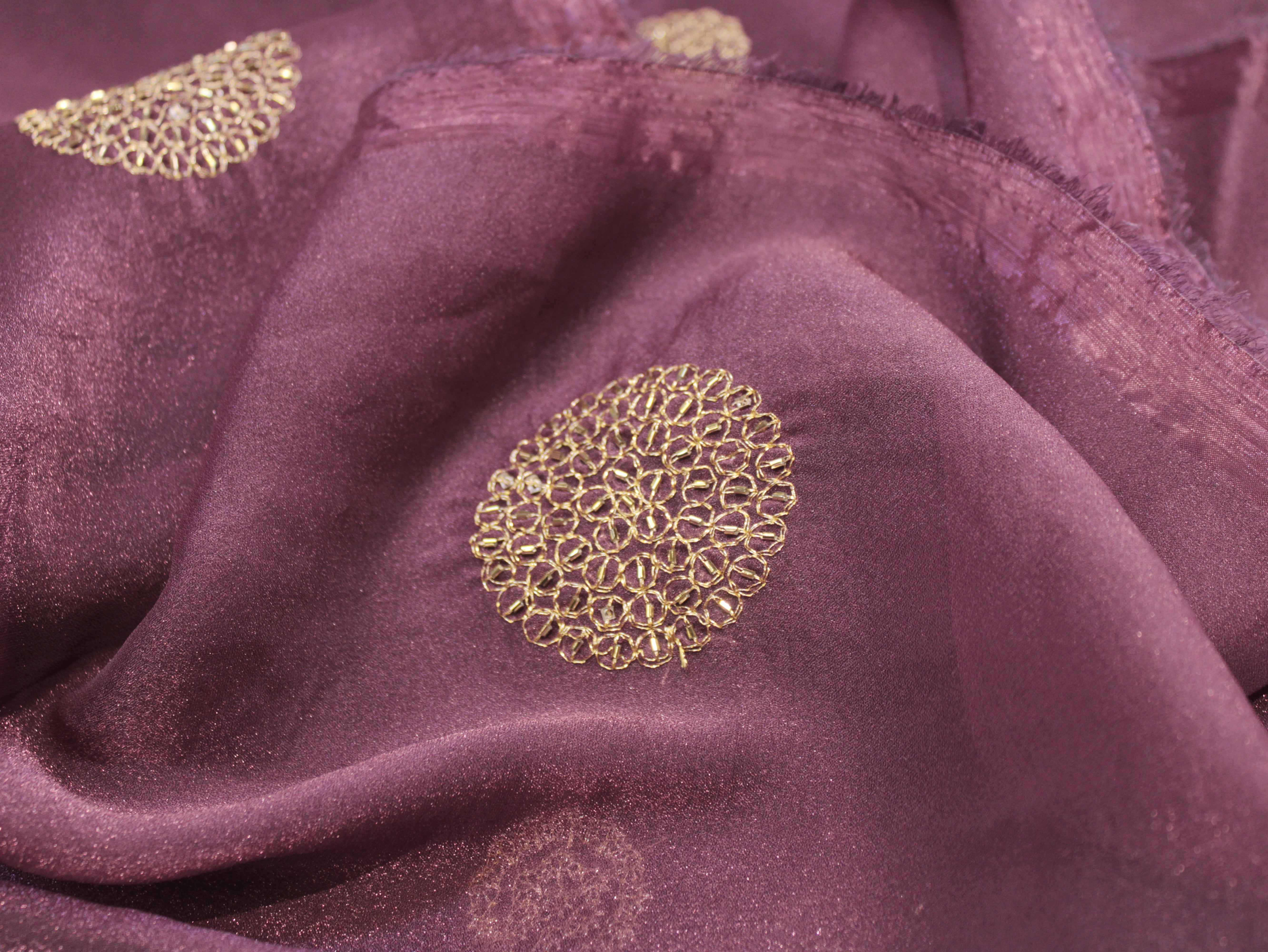 Premium Soft Tissue Organza with Round Patch Zari & Semi Bits Work - Pastel Purple