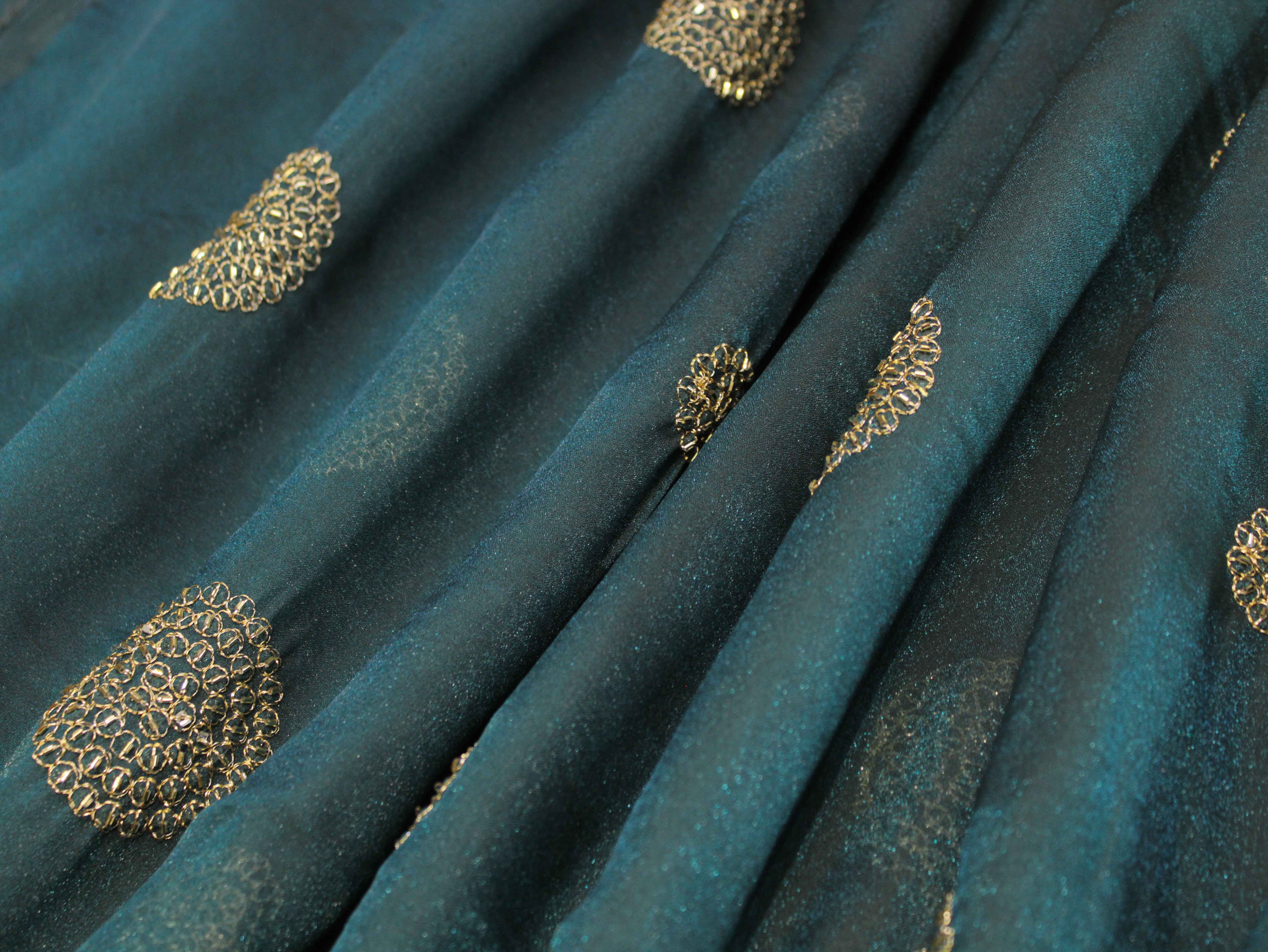 Premium Soft Tissue Organza with Round Patch Zari & Semi Bits Work - Peacock Blue