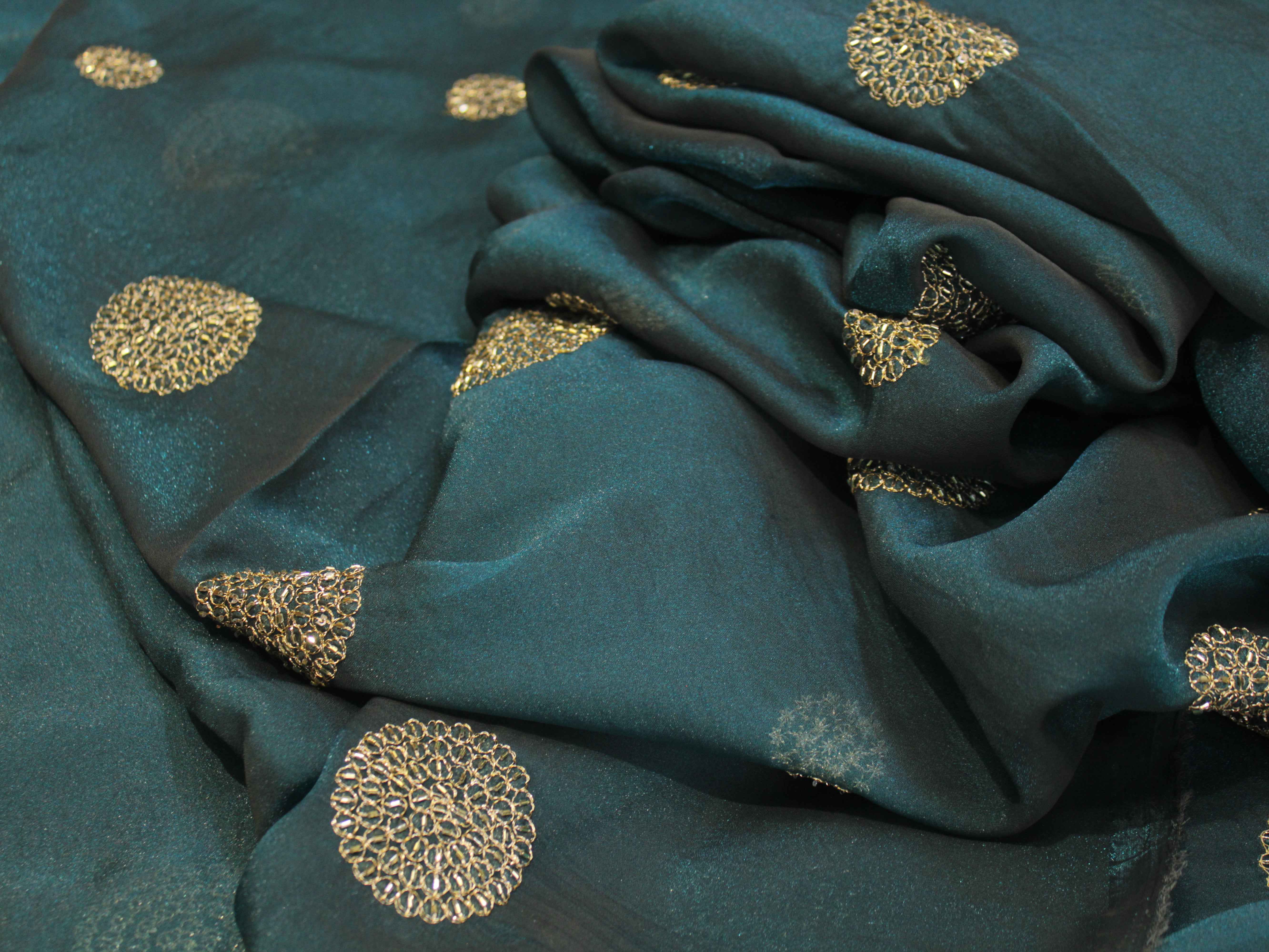 Premium Soft Tissue Organza with Round Patch Zari & Semi Bits Work - Peacock Blue