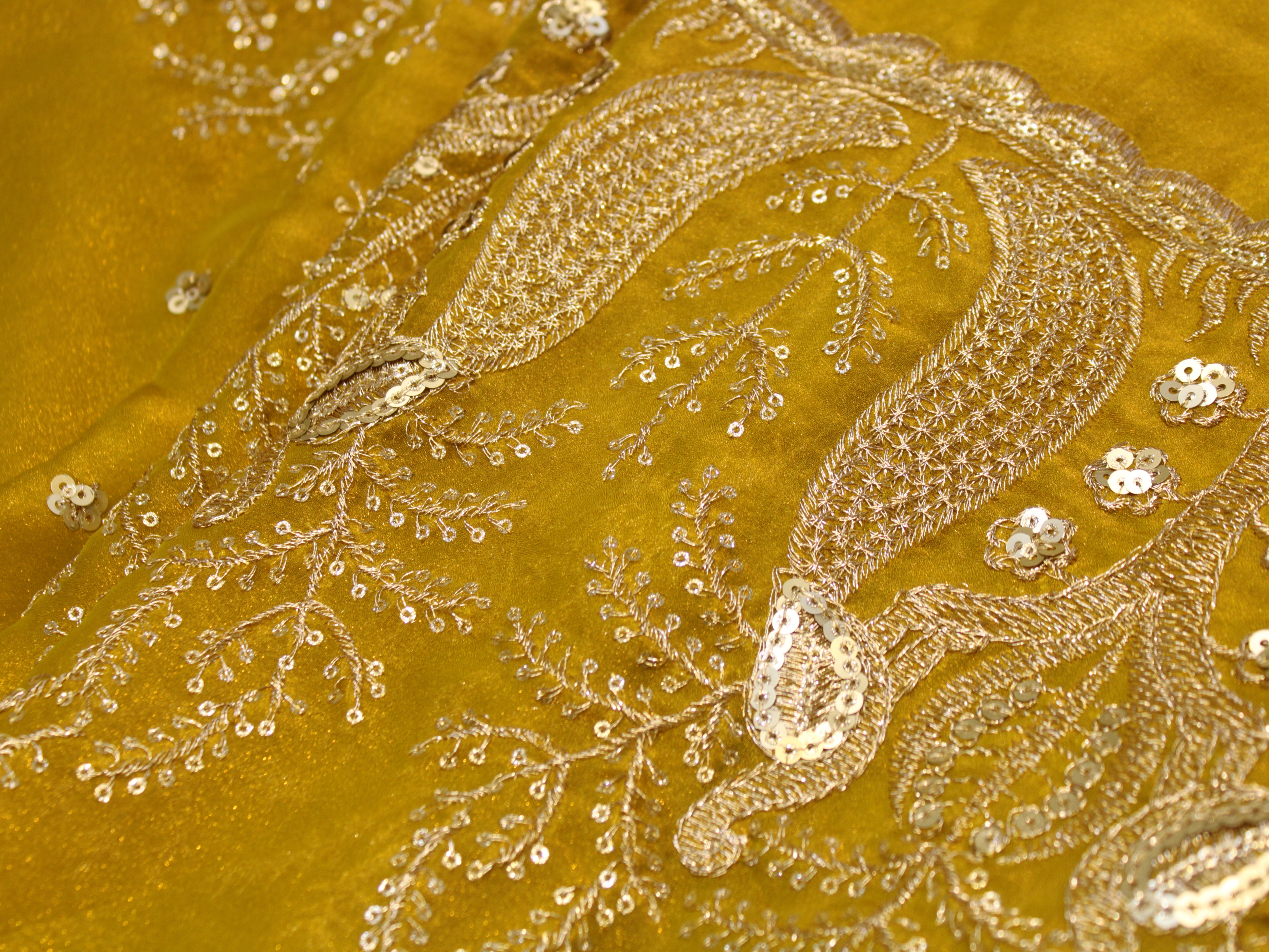 Soft Organza Tissue Fabric with Zari & Sequin Panel Work - Mustard Yellow