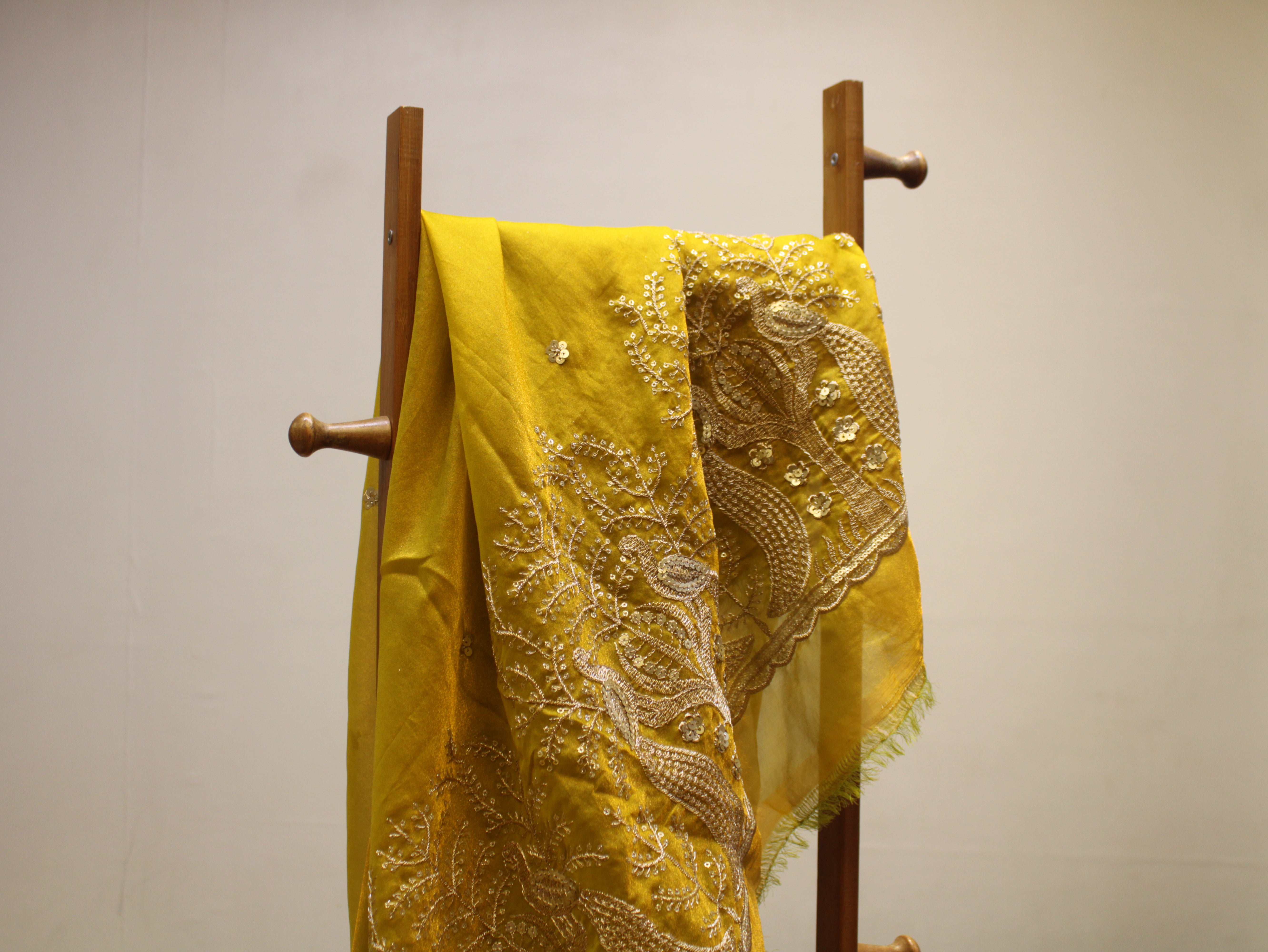 Soft Organza Tissue Fabric with Zari & Sequin Panel Work - Mustard Yellow