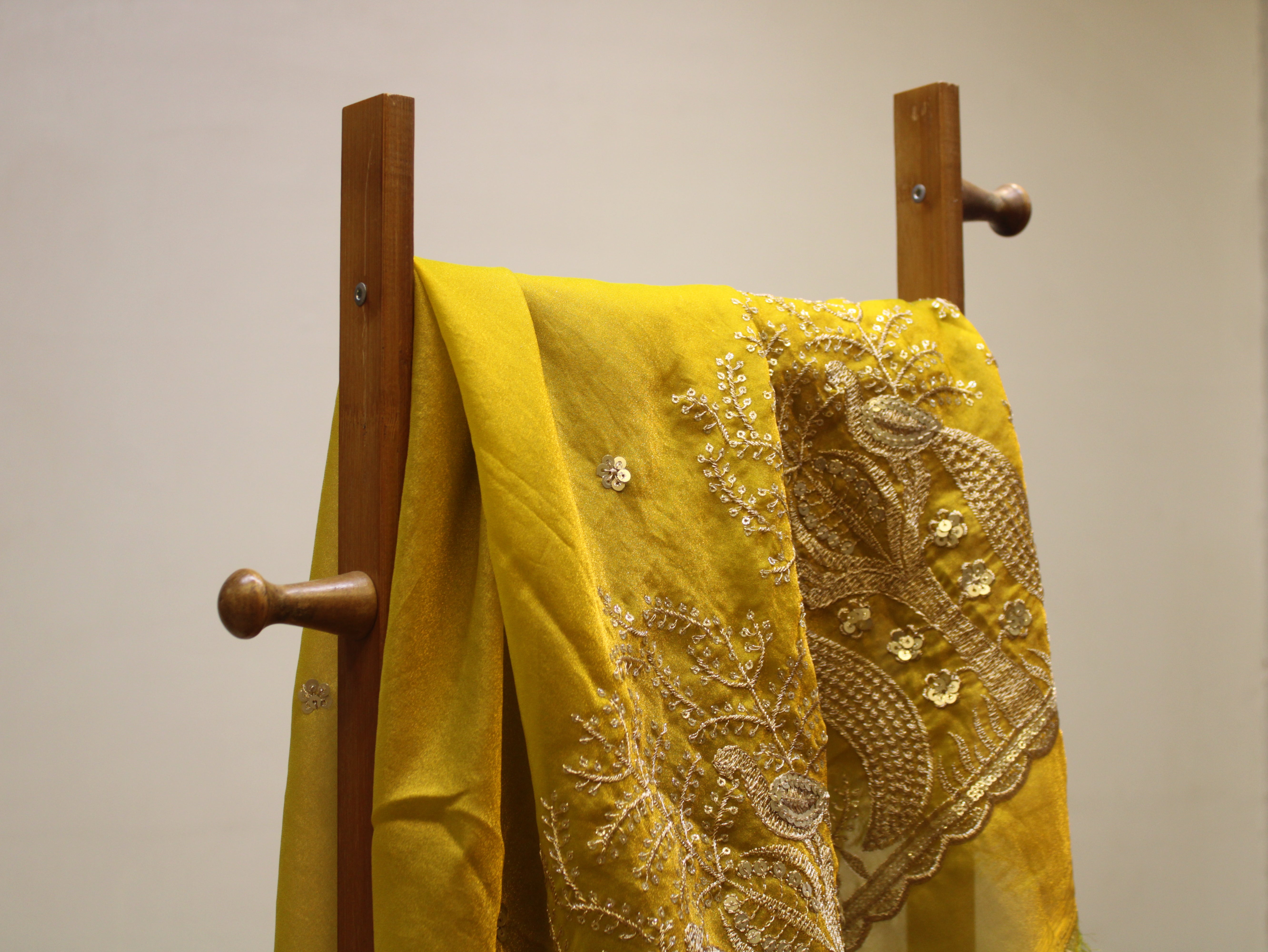 Soft Organza Tissue Fabric with Zari & Sequin Panel Work - Mustard Yellow