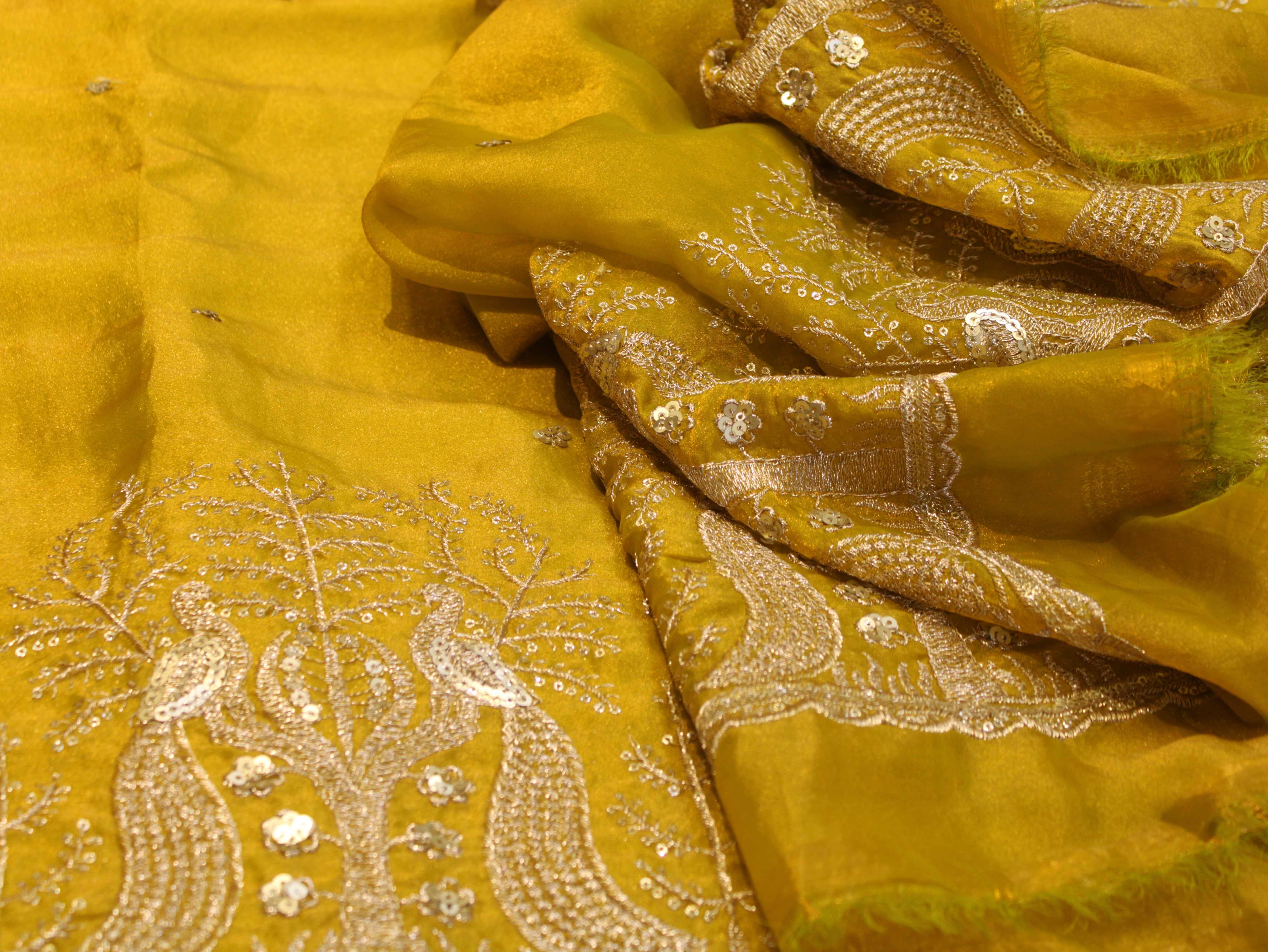 Soft Organza Tissue Fabric with Zari & Sequin Panel Work - Mustard Yellow