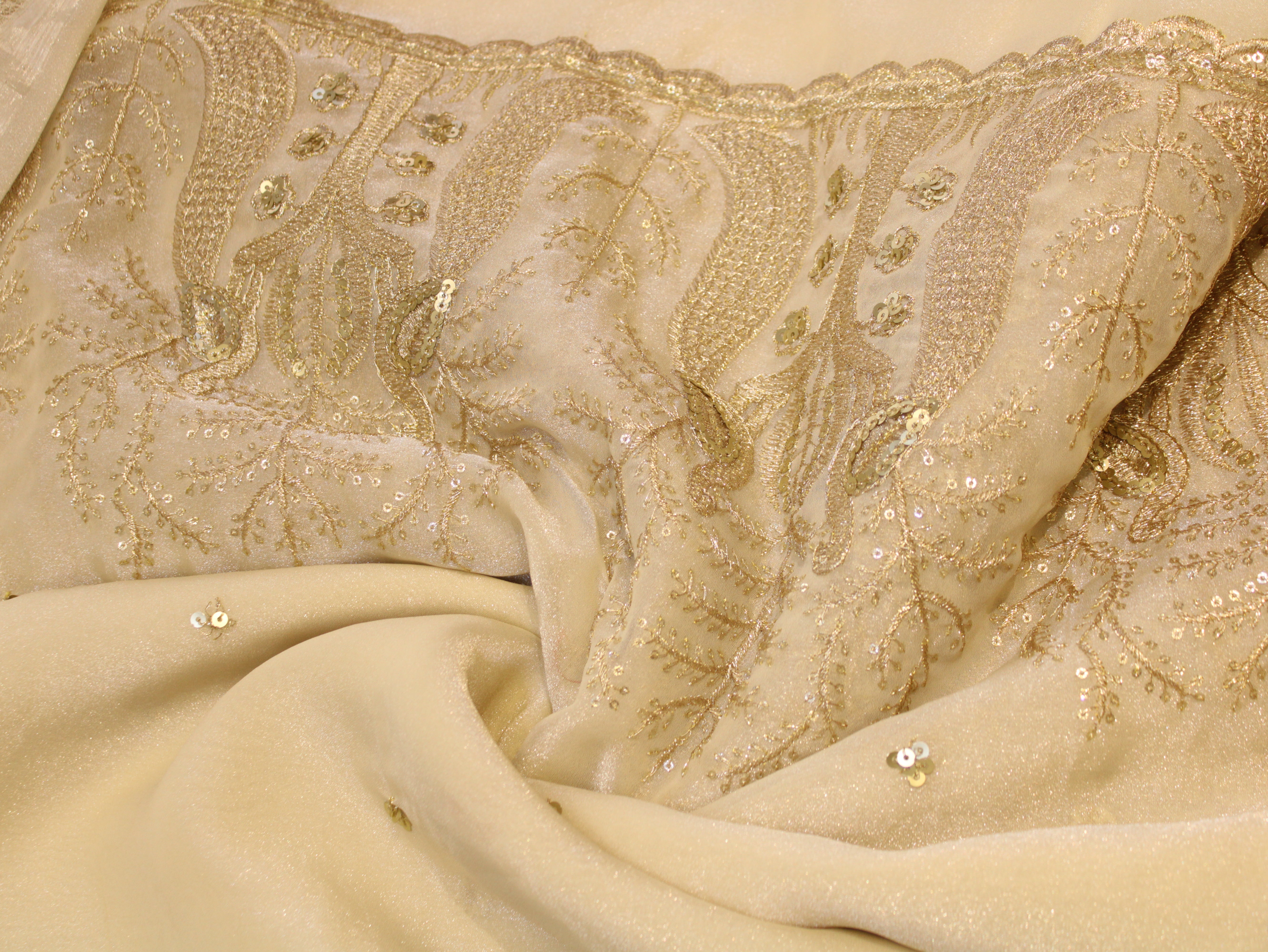Soft Organza Tissue Fabric with Zari & Sequin Panel Work - Ivory