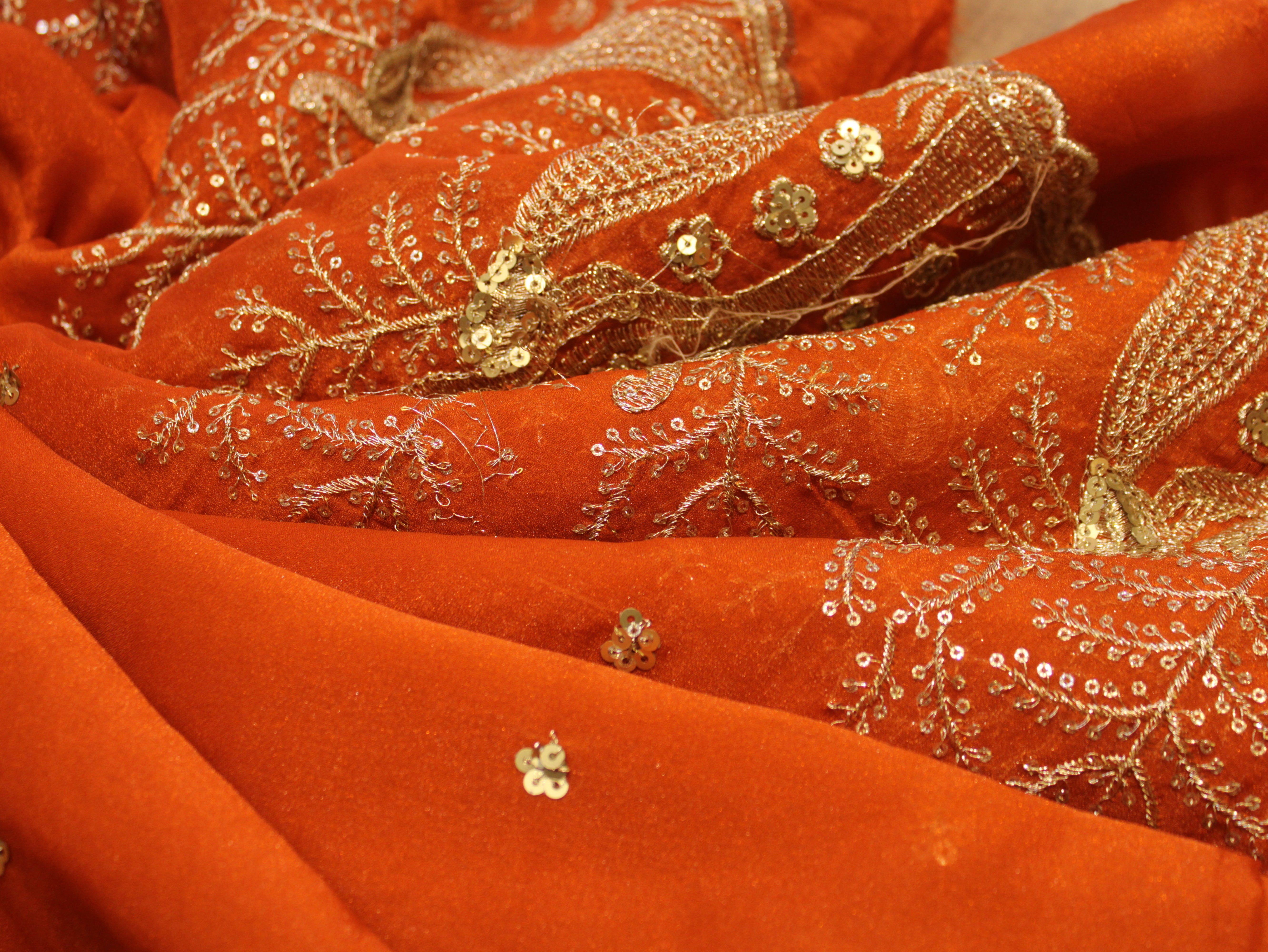 Soft Organza Tissue Fabric with Zari & Sequin Panel Work - Orange