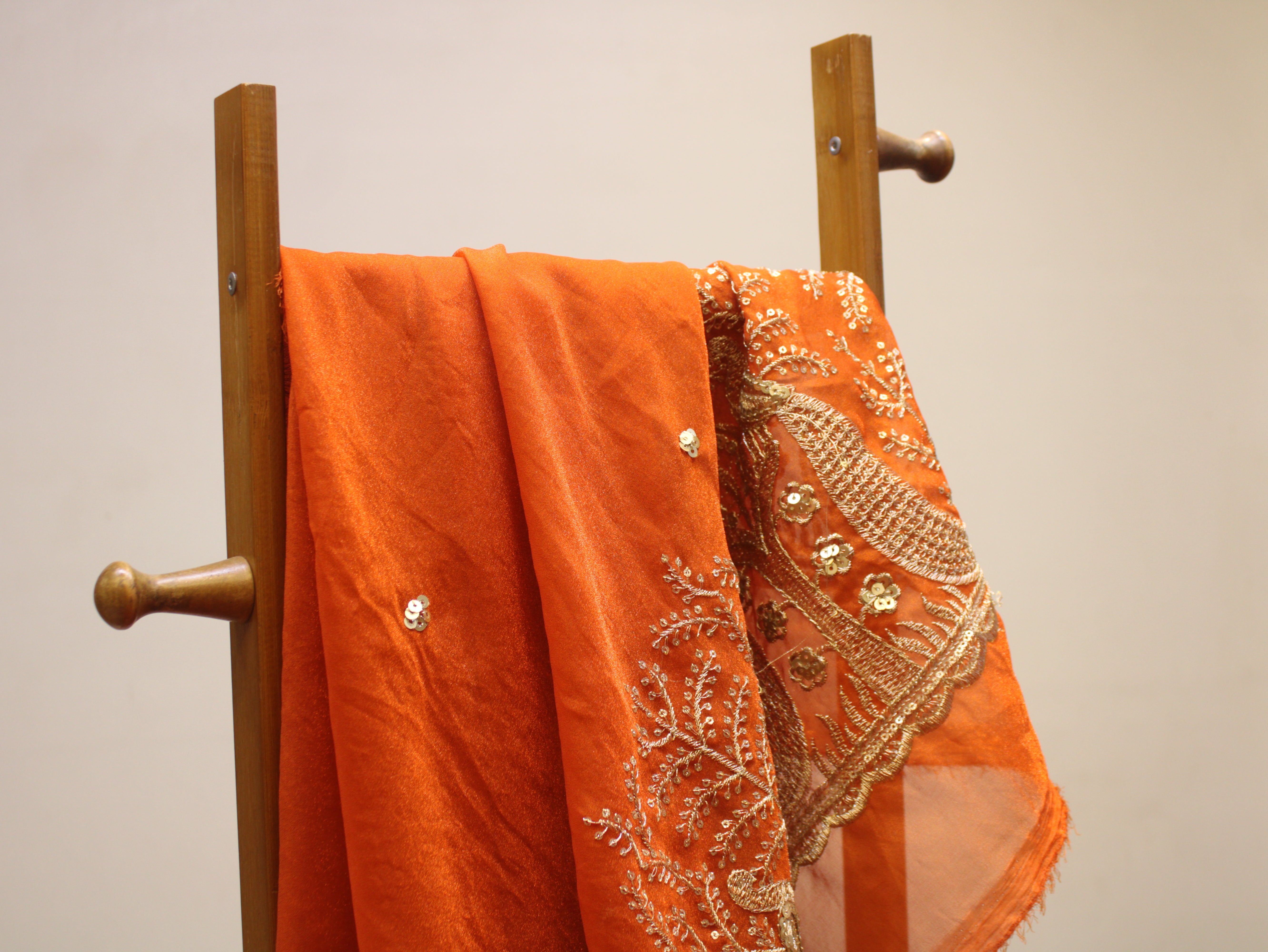 Soft Organza Tissue Fabric with Zari & Sequin Panel Work - Orange