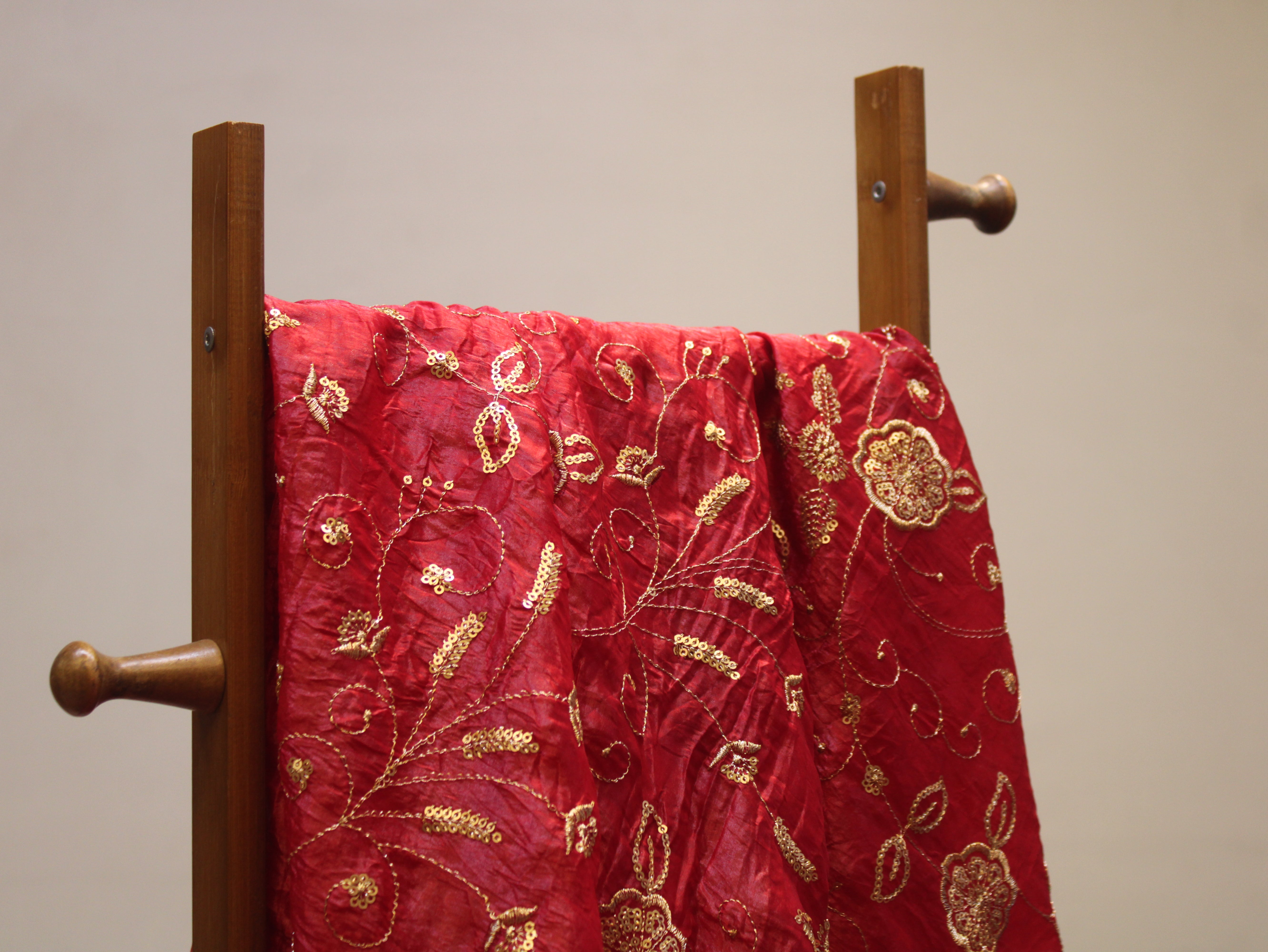 Soft Silk Organza Fabric with Sequin, Zari & Semi Bits Work - Red