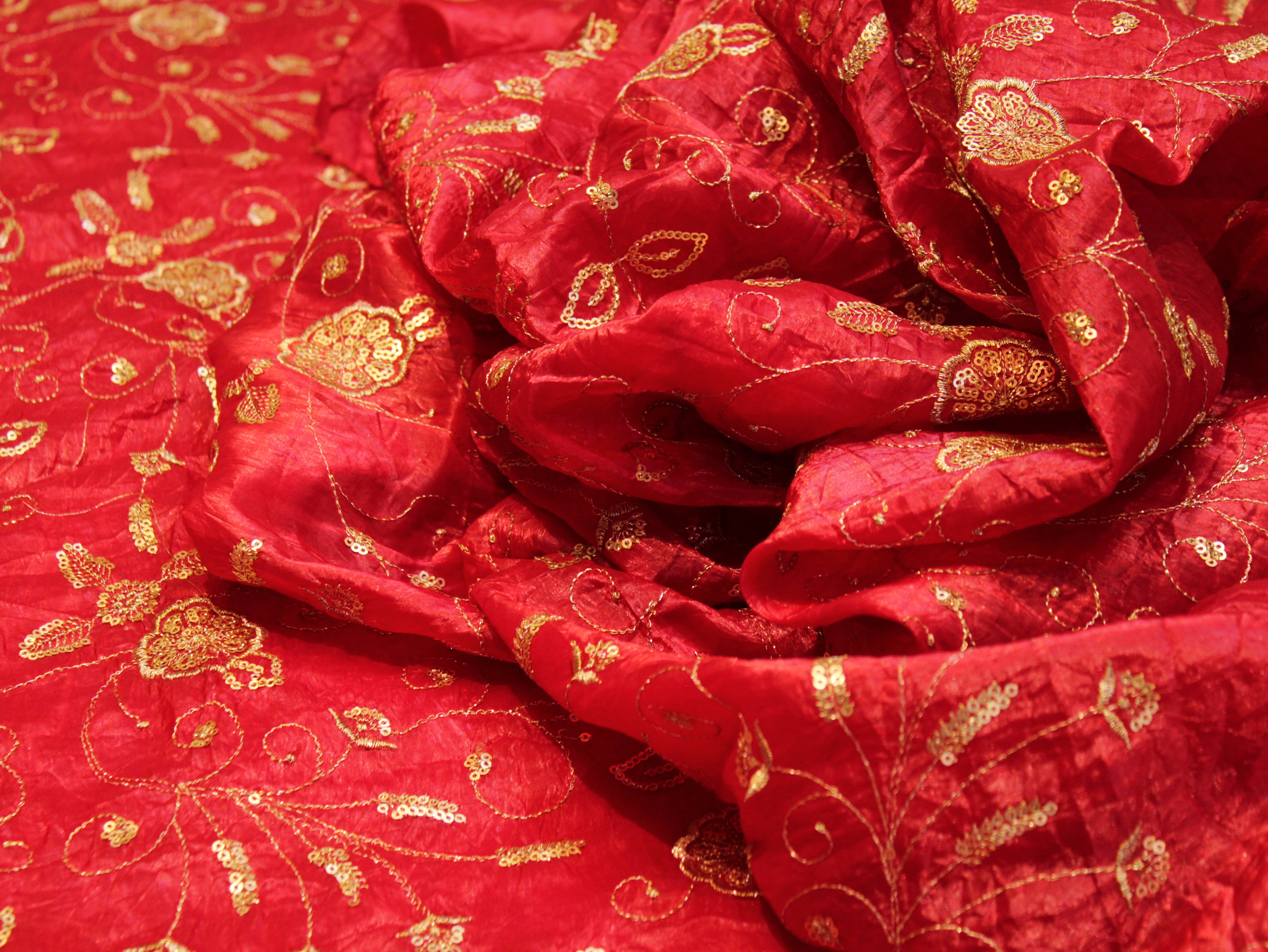 Soft Silk Organza Fabric with Sequin, Zari & Semi Bits Work - Red