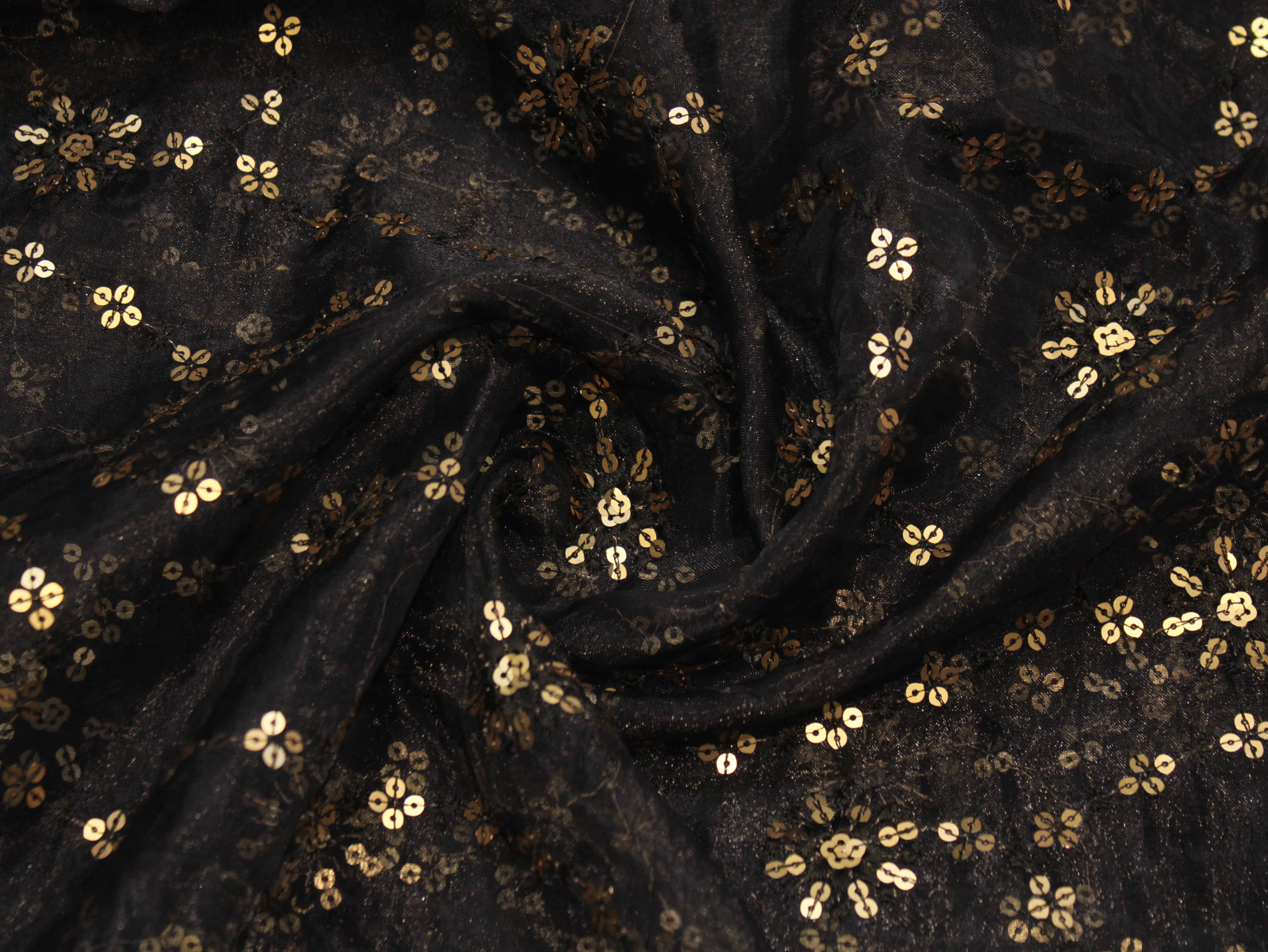 Nylon Organza Fabric with Sequin & Thread Work - Black