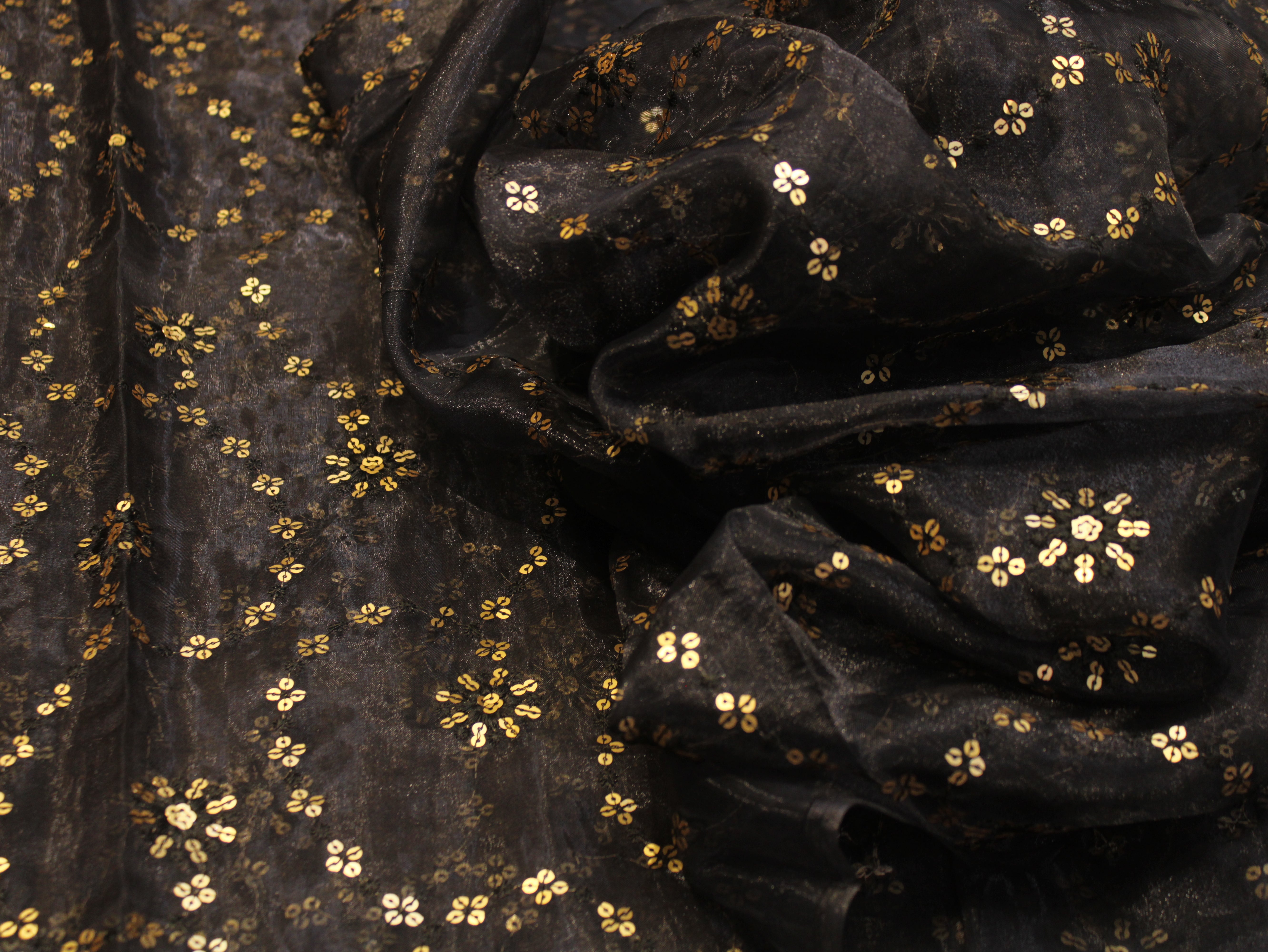 Nylon Organza Fabric with Sequin & Thread Work - Black
