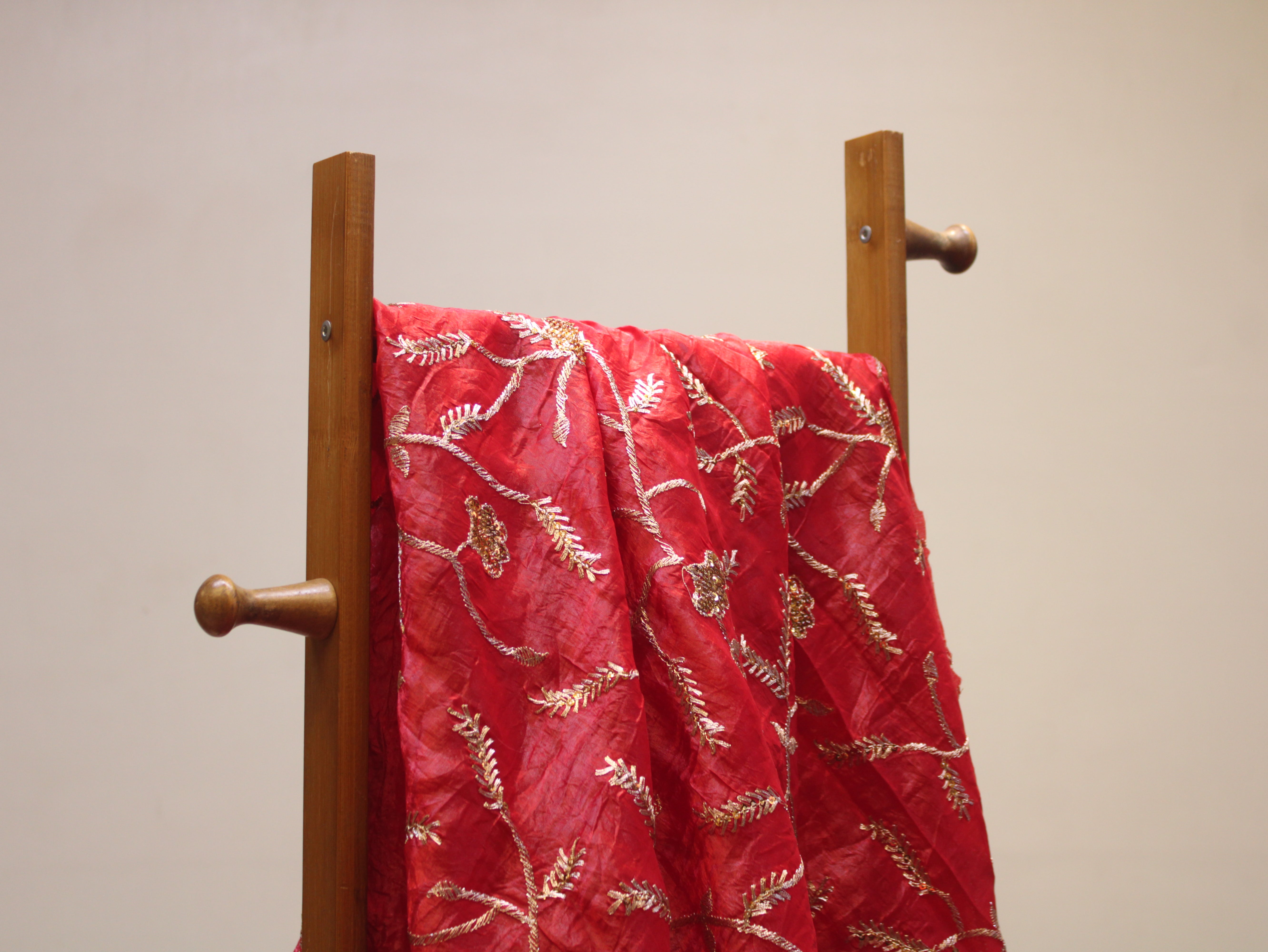 Soft Silk Organza Fabric with Sequin, Zari & Semi Bits Work - Red