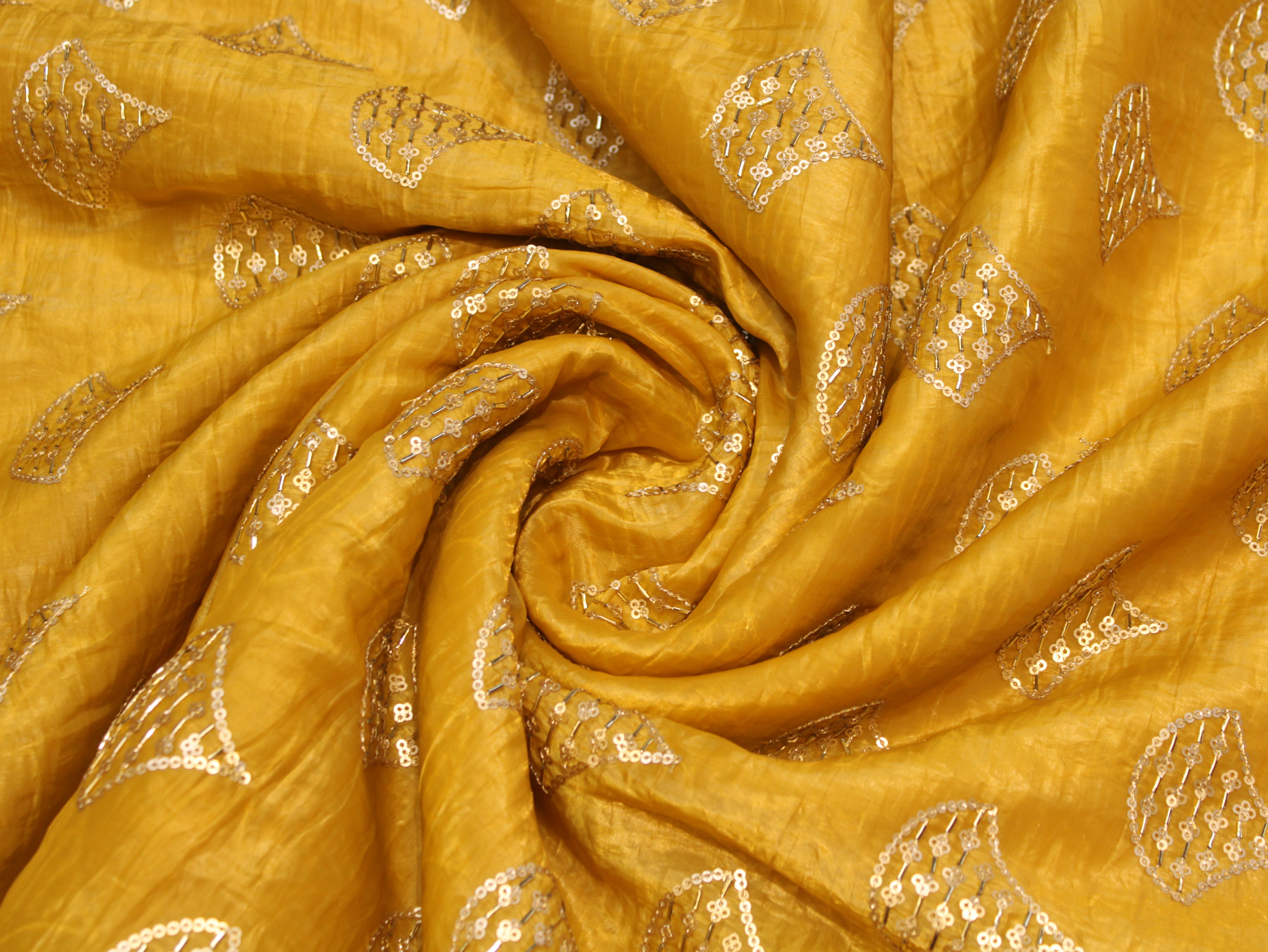 Soft Silk Organza Fabric with Sequin, Zari & Semi Bits Work - Yellow