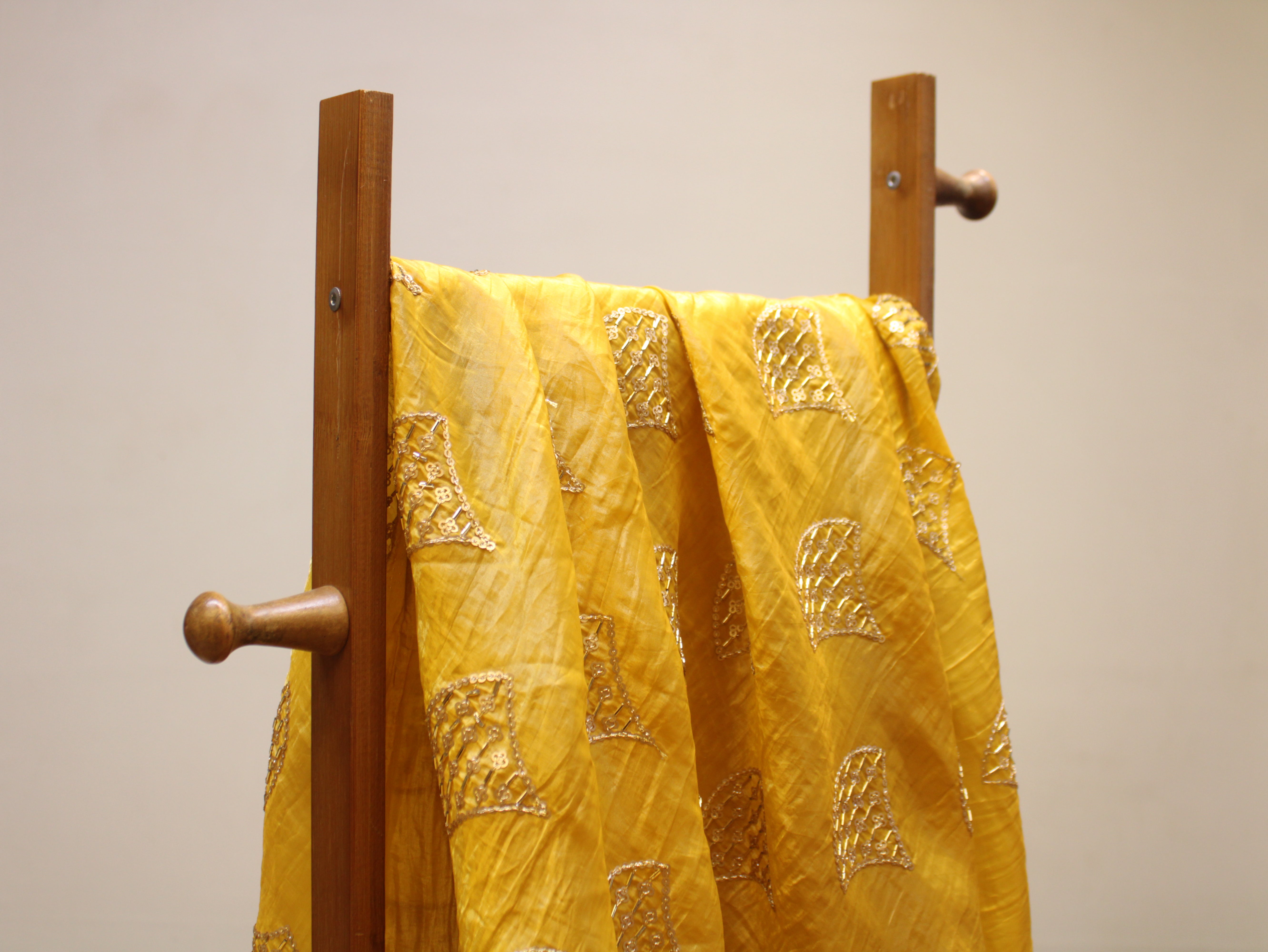 Soft Silk Organza Fabric with Sequin, Zari & Semi Bits Work - Yellow