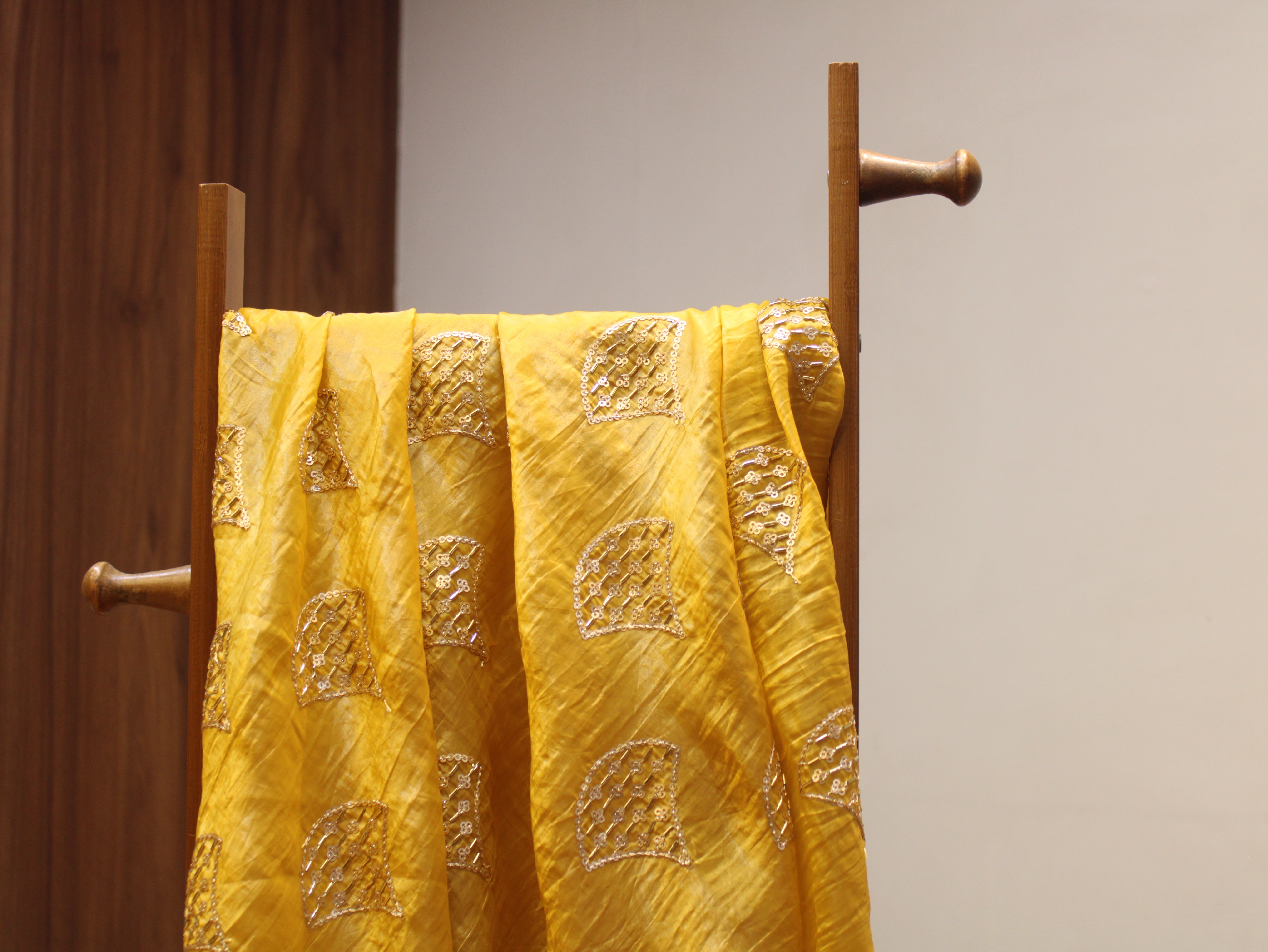 Soft Silk Organza Fabric with Sequin, Zari & Semi Bits Work - Yellow