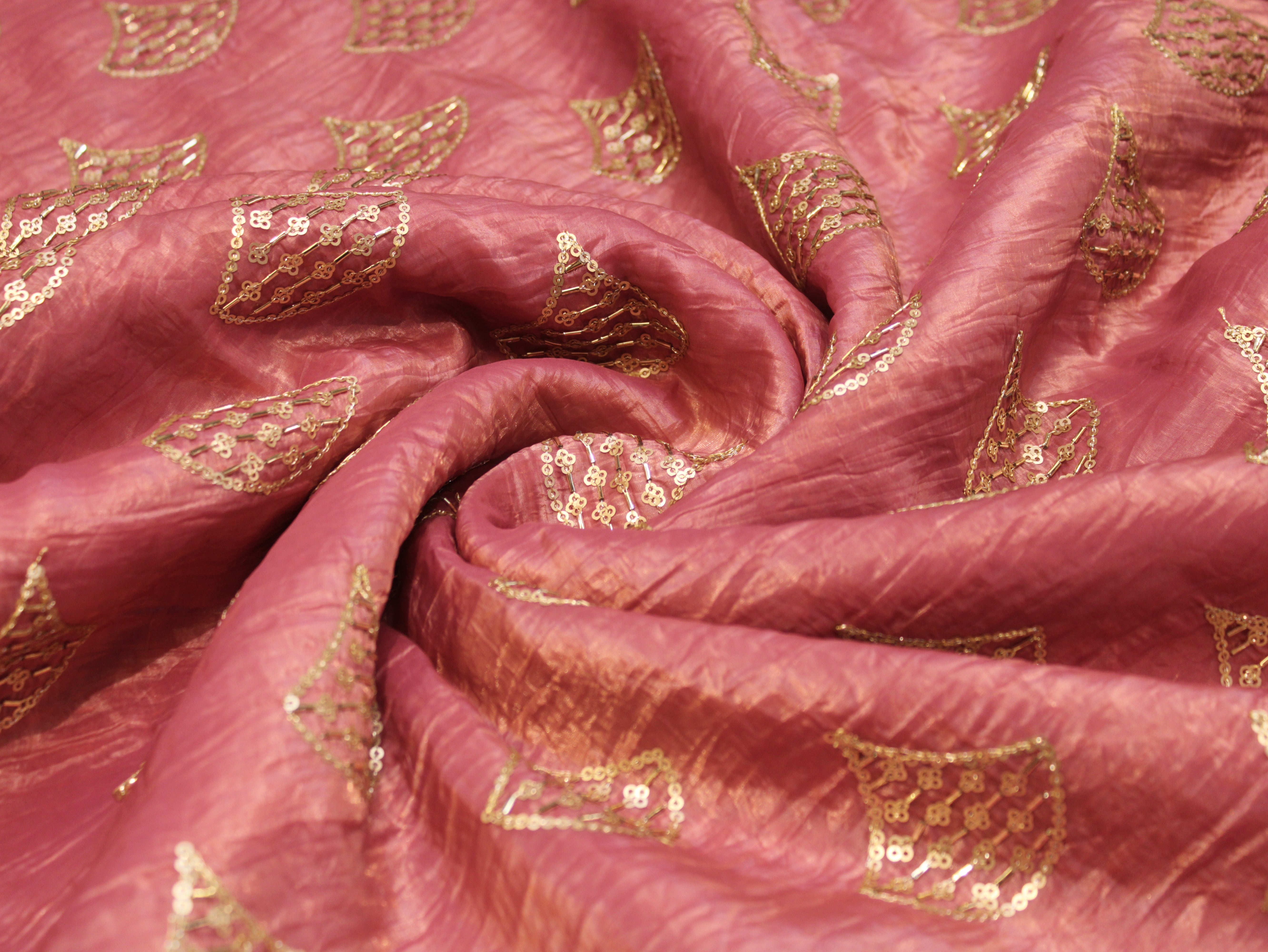 Soft Silk Organza Fabric with Sequin, Zari & Semi Bits Work - Onion