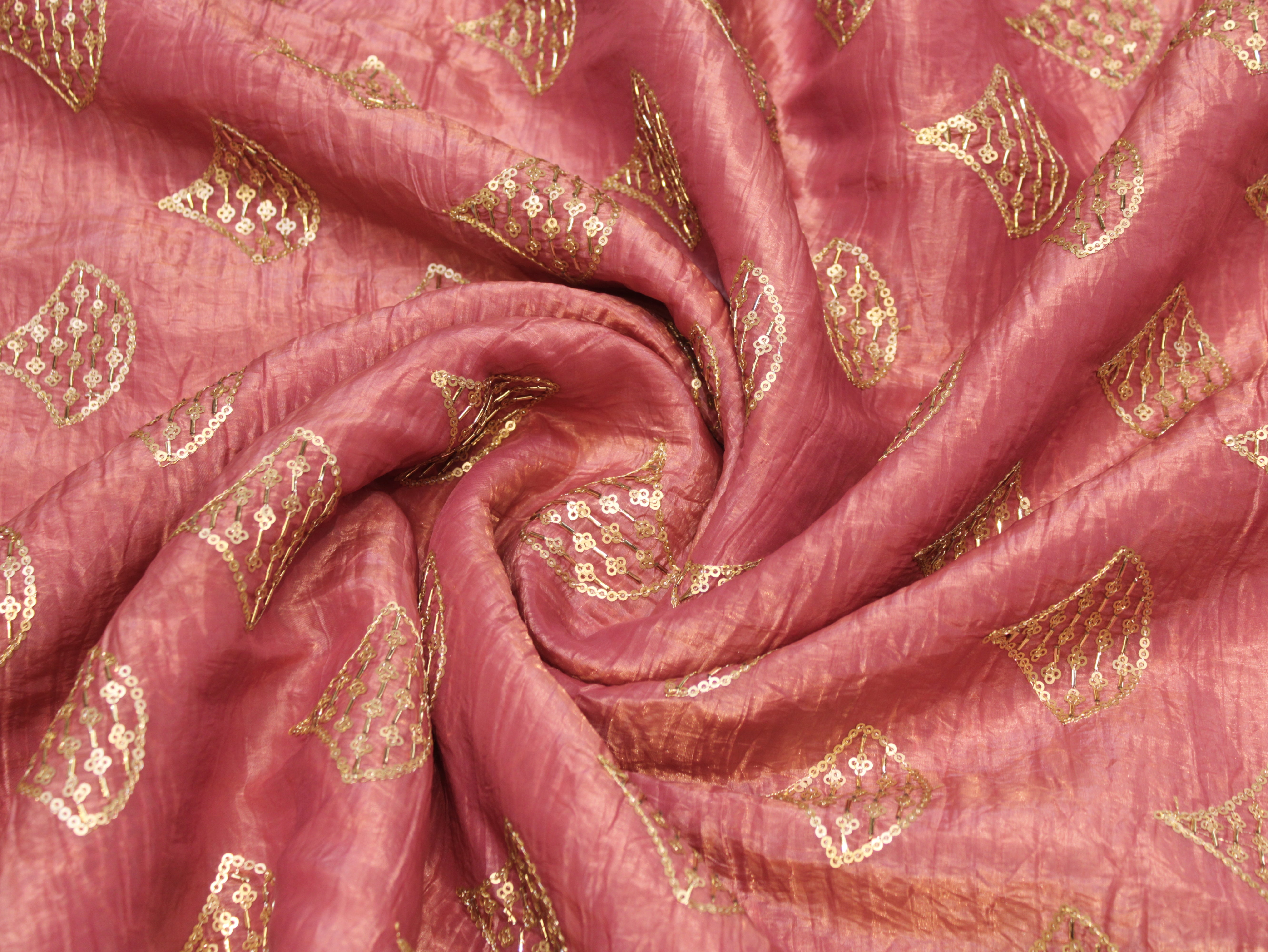 Soft Silk Organza Fabric with Sequin, Zari & Semi Bits Work - Onion