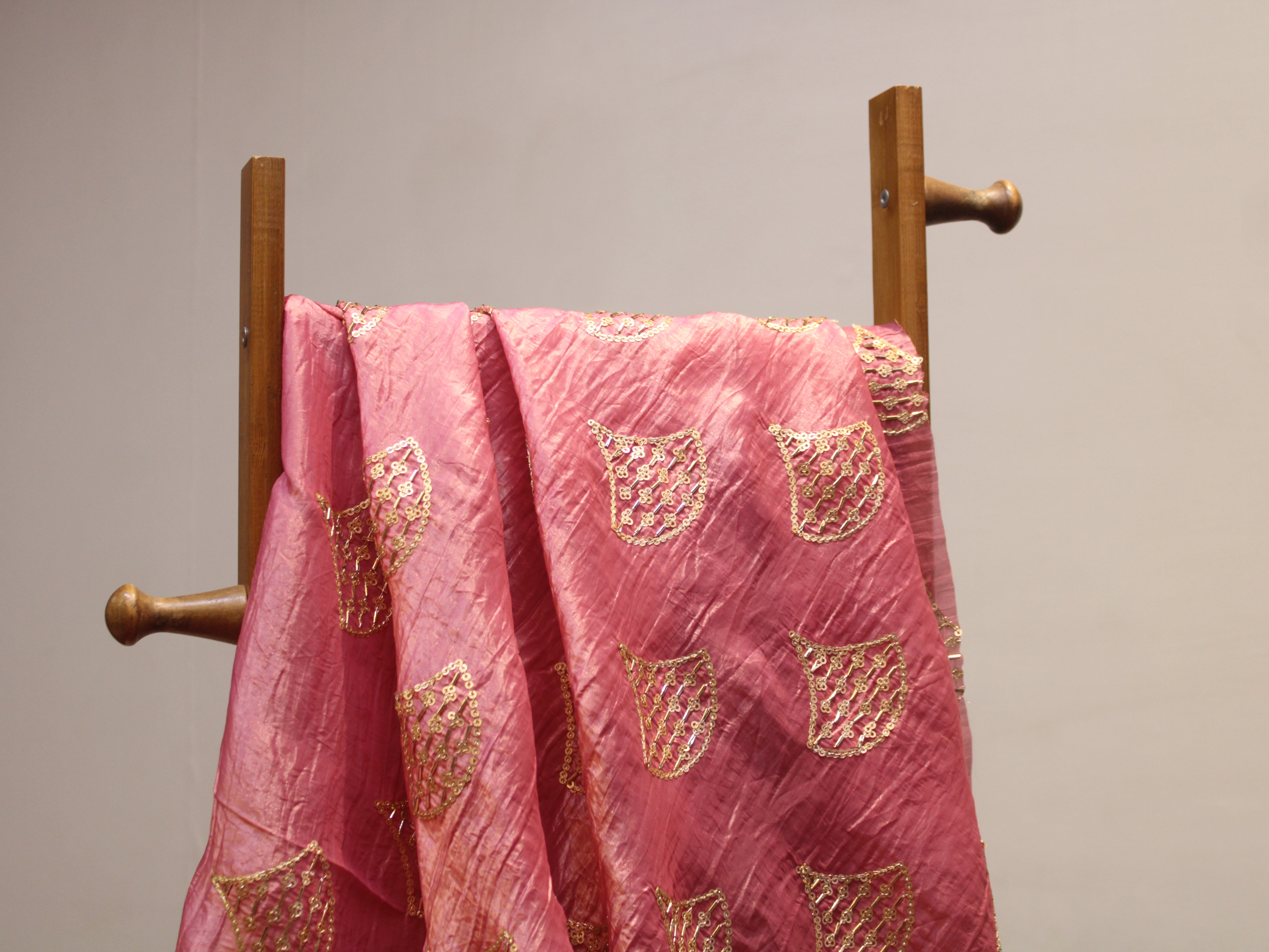 Soft Silk Organza Fabric with Sequin, Zari & Semi Bits Work - Onion