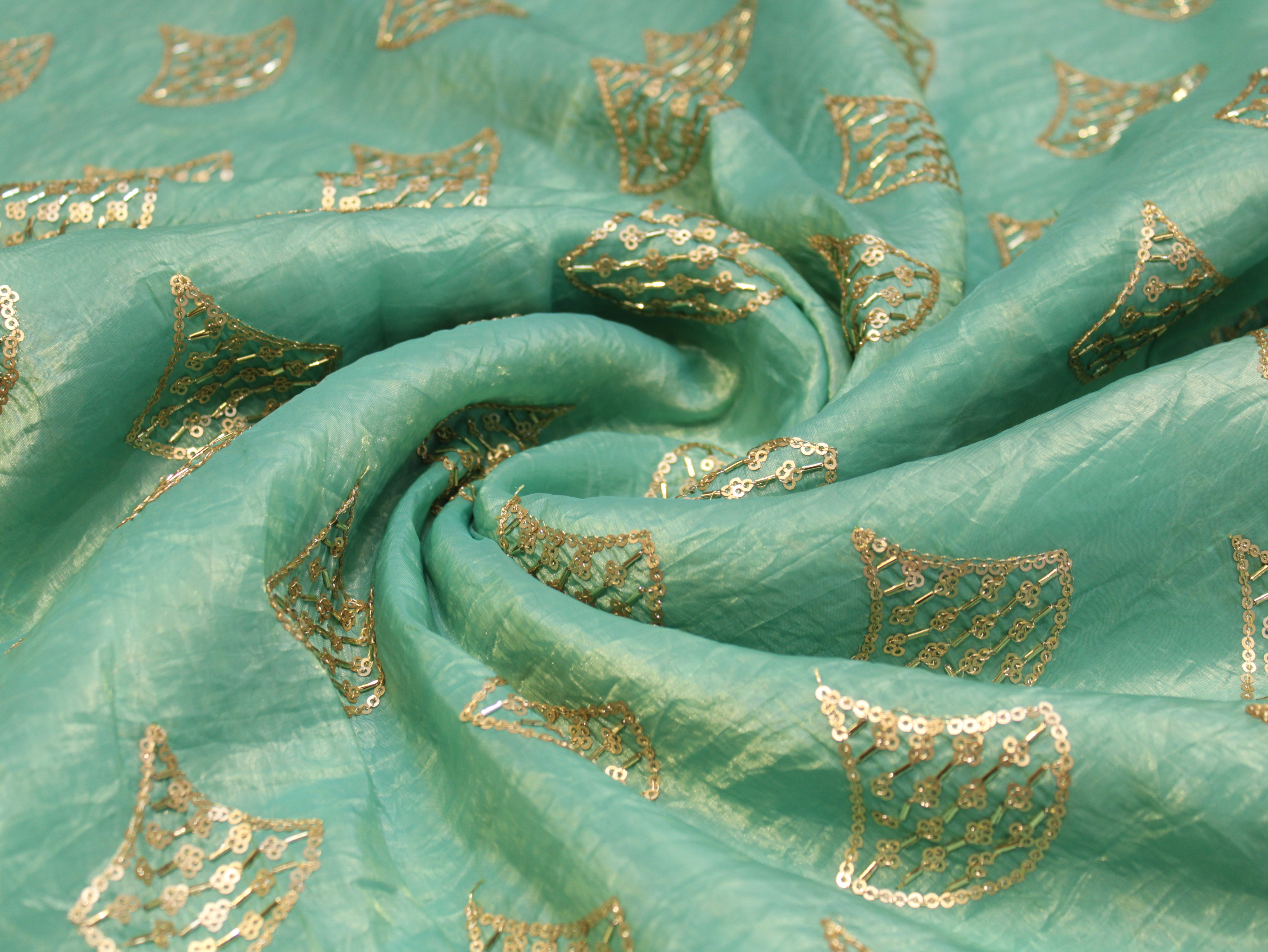 Soft Silk Organza Fabric with Sequin, Zari & Semi Bits Work - Sea Green