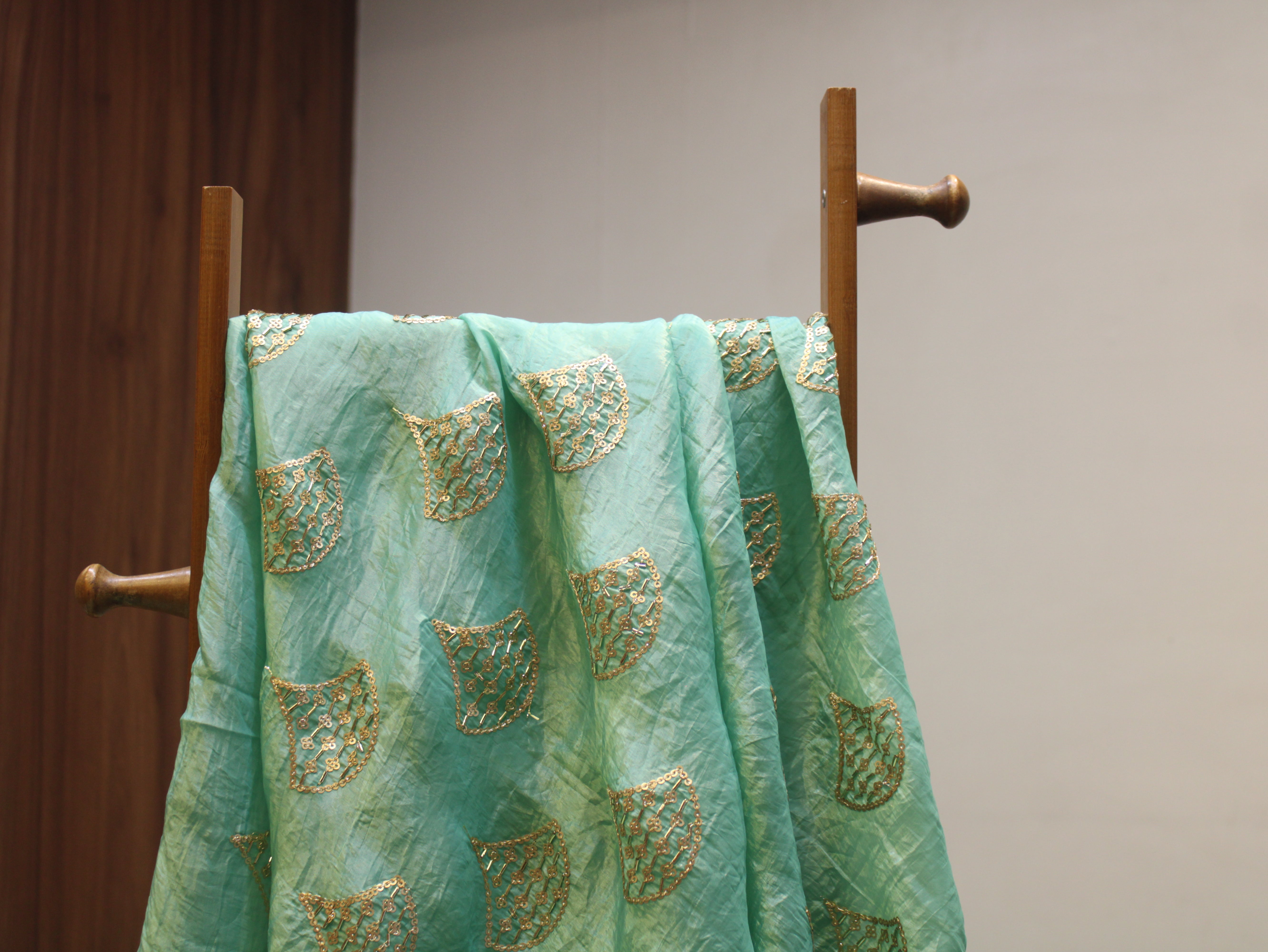 Soft Silk Organza Fabric with Sequin, Zari & Semi Bits Work - Sea Green