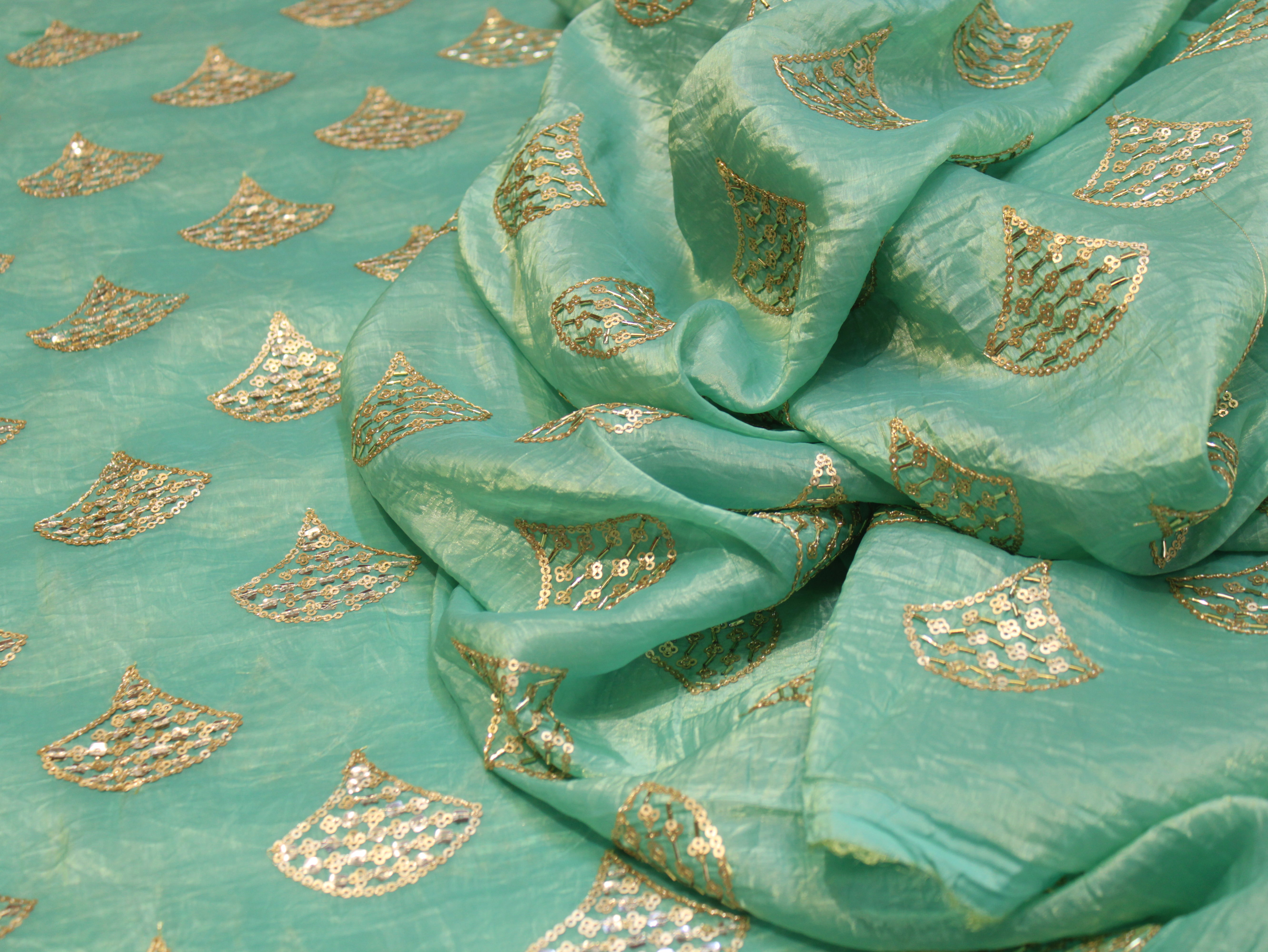 Soft Silk Organza Fabric with Sequin, Zari & Semi Bits Work - Sea Green
