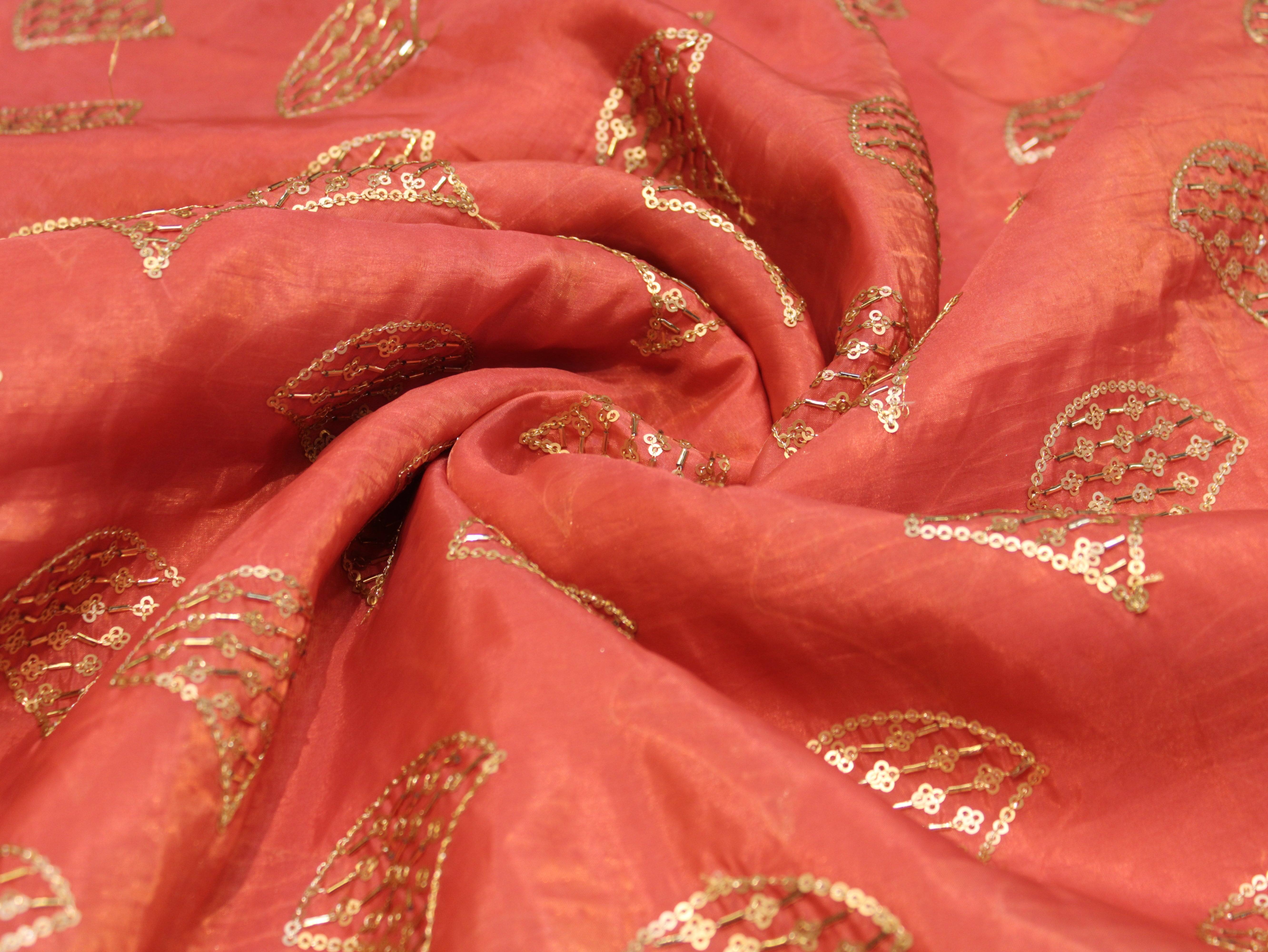 Soft Silk Organza Fabric with Sequin, Zari & Semi Bits Work - Peach
