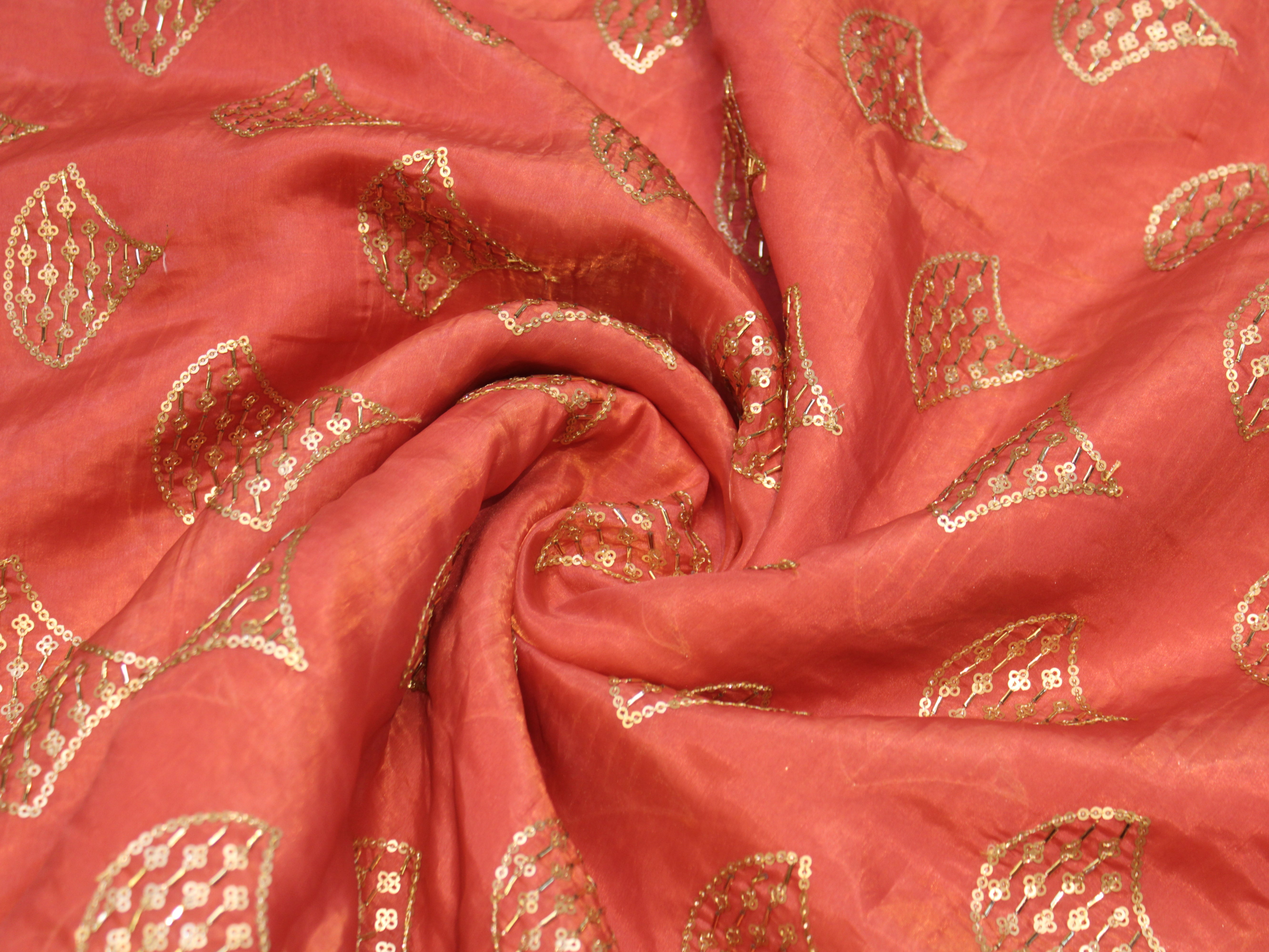 Soft Silk Organza Fabric with Sequin, Zari & Semi Bits Work - Peach