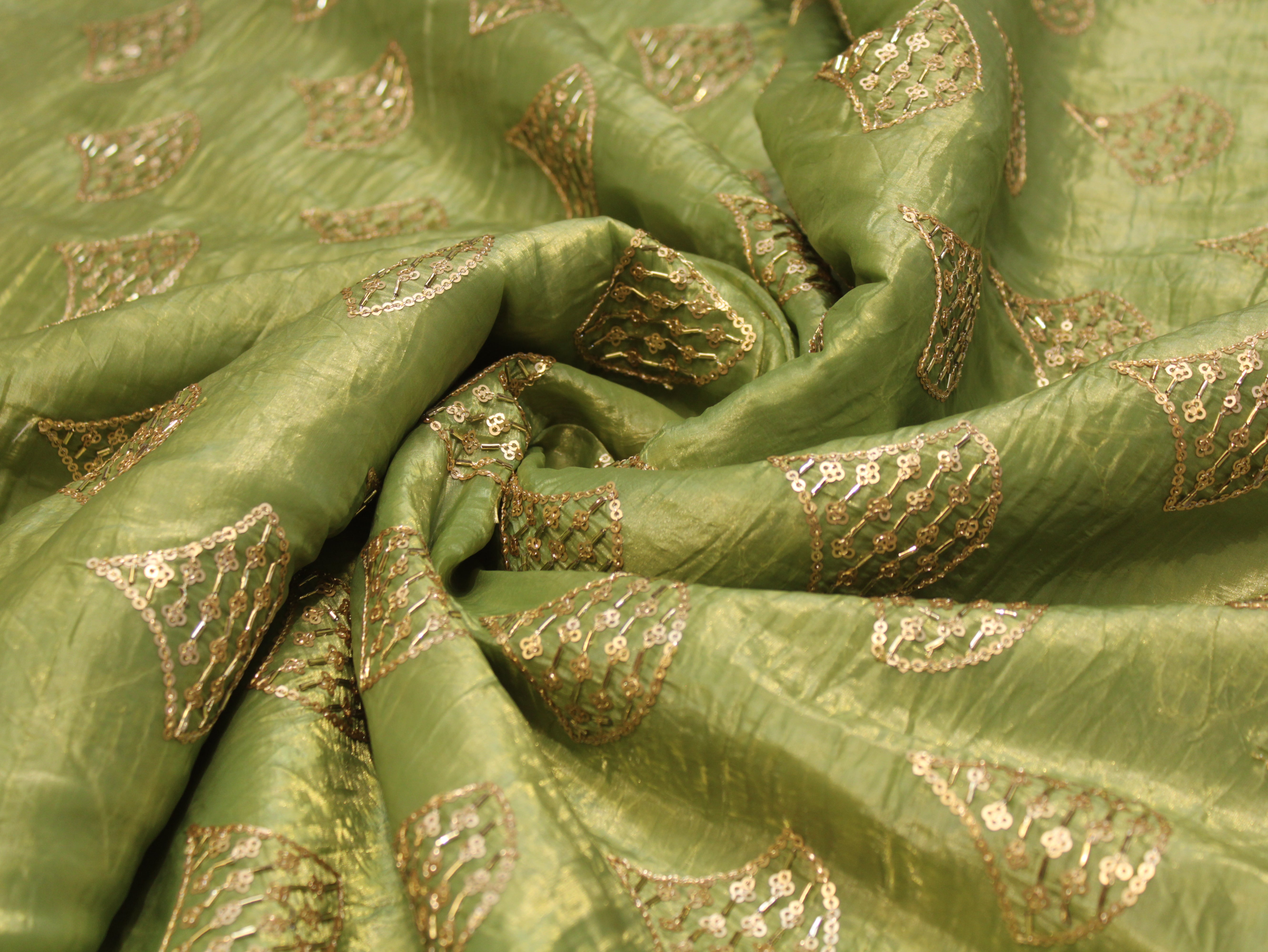 Soft Silk Organza Fabric with Sequin, Zari & Semi Bits Work - Pista Green