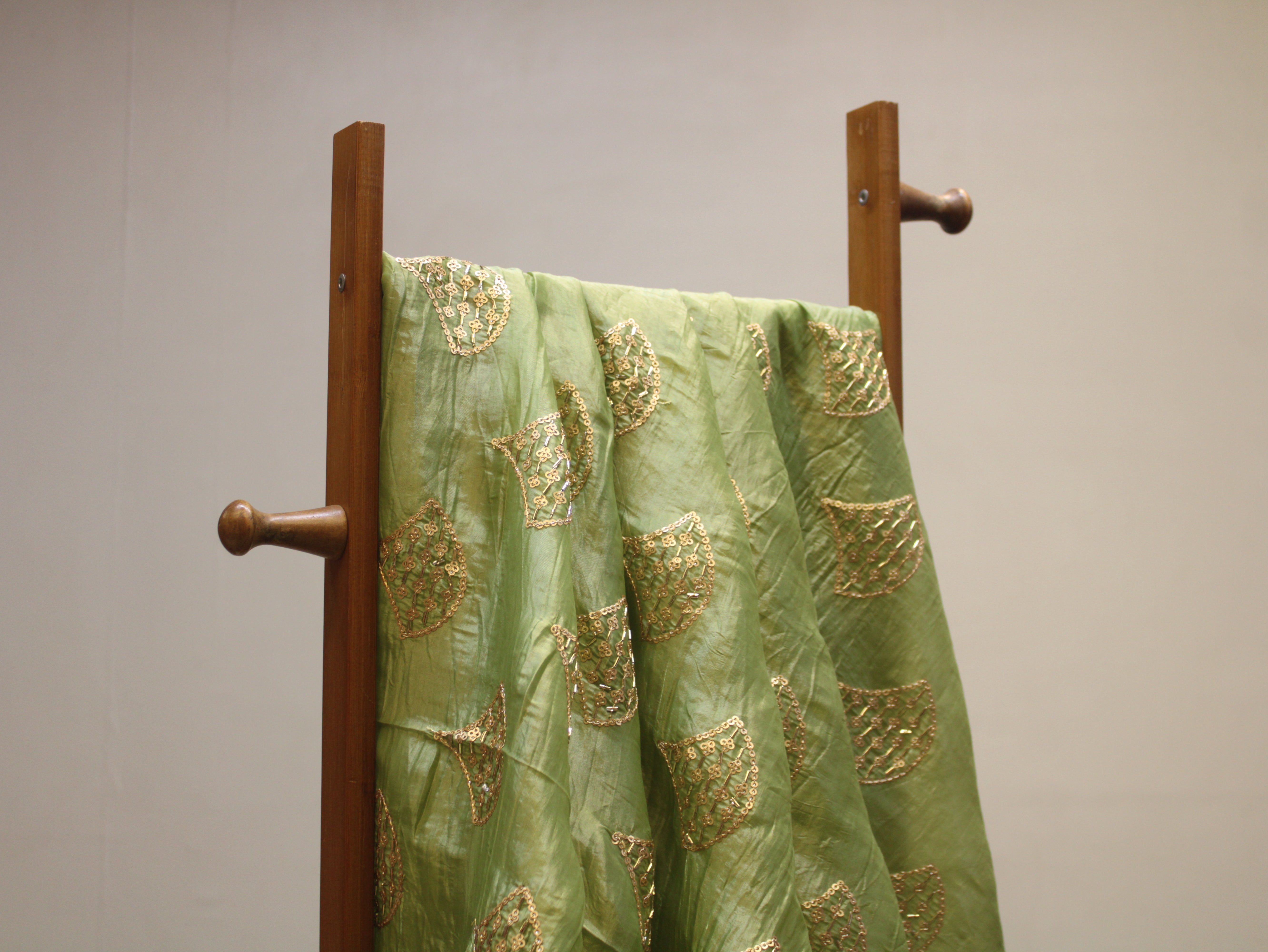 Soft Silk Organza Fabric with Sequin, Zari & Semi Bits Work - Pista Green