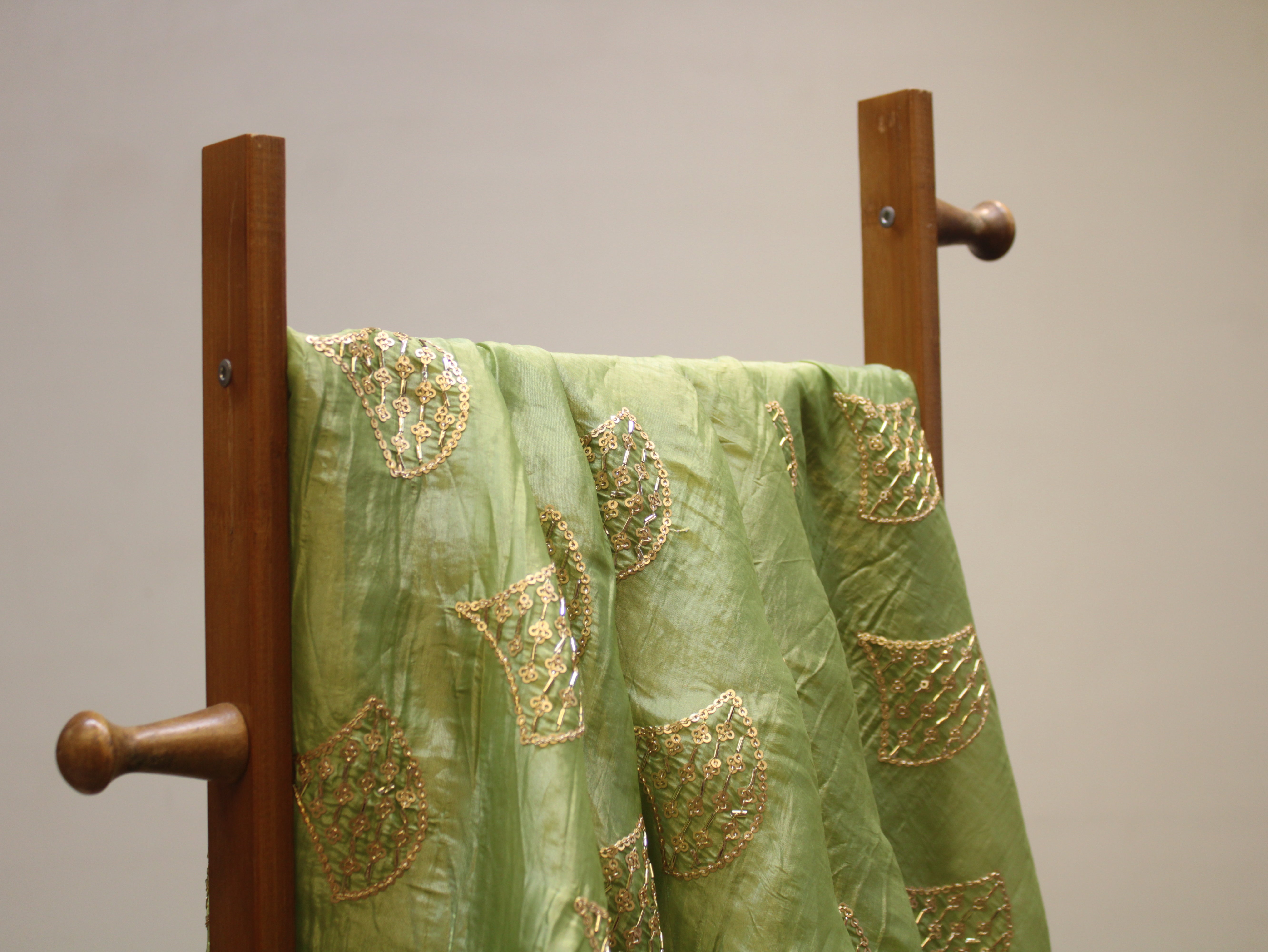 Soft Silk Organza Fabric with Sequin, Zari & Semi Bits Work - Pista Green