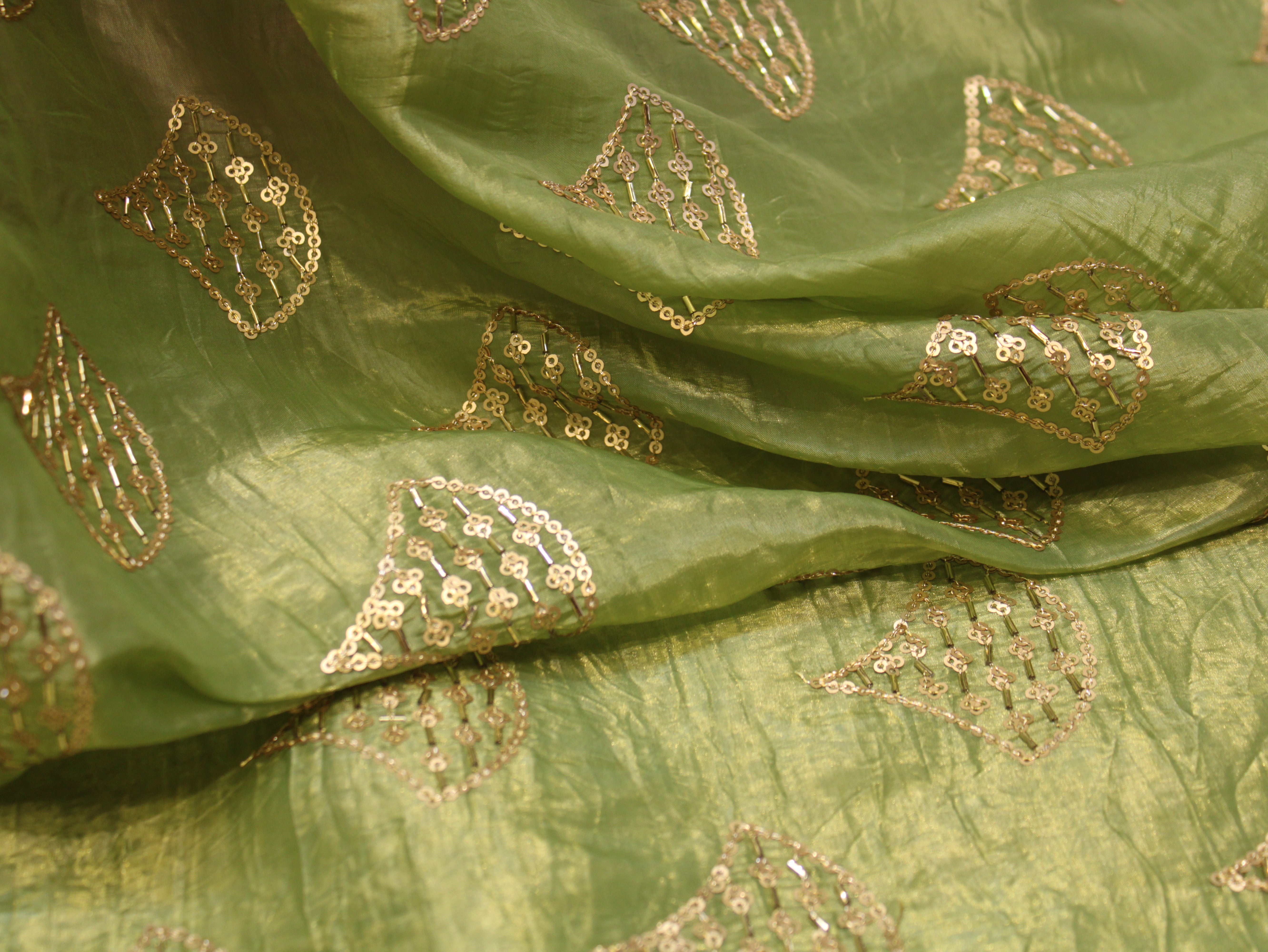 Soft Silk Organza Fabric with Sequin, Zari & Semi Bits Work - Pista Green