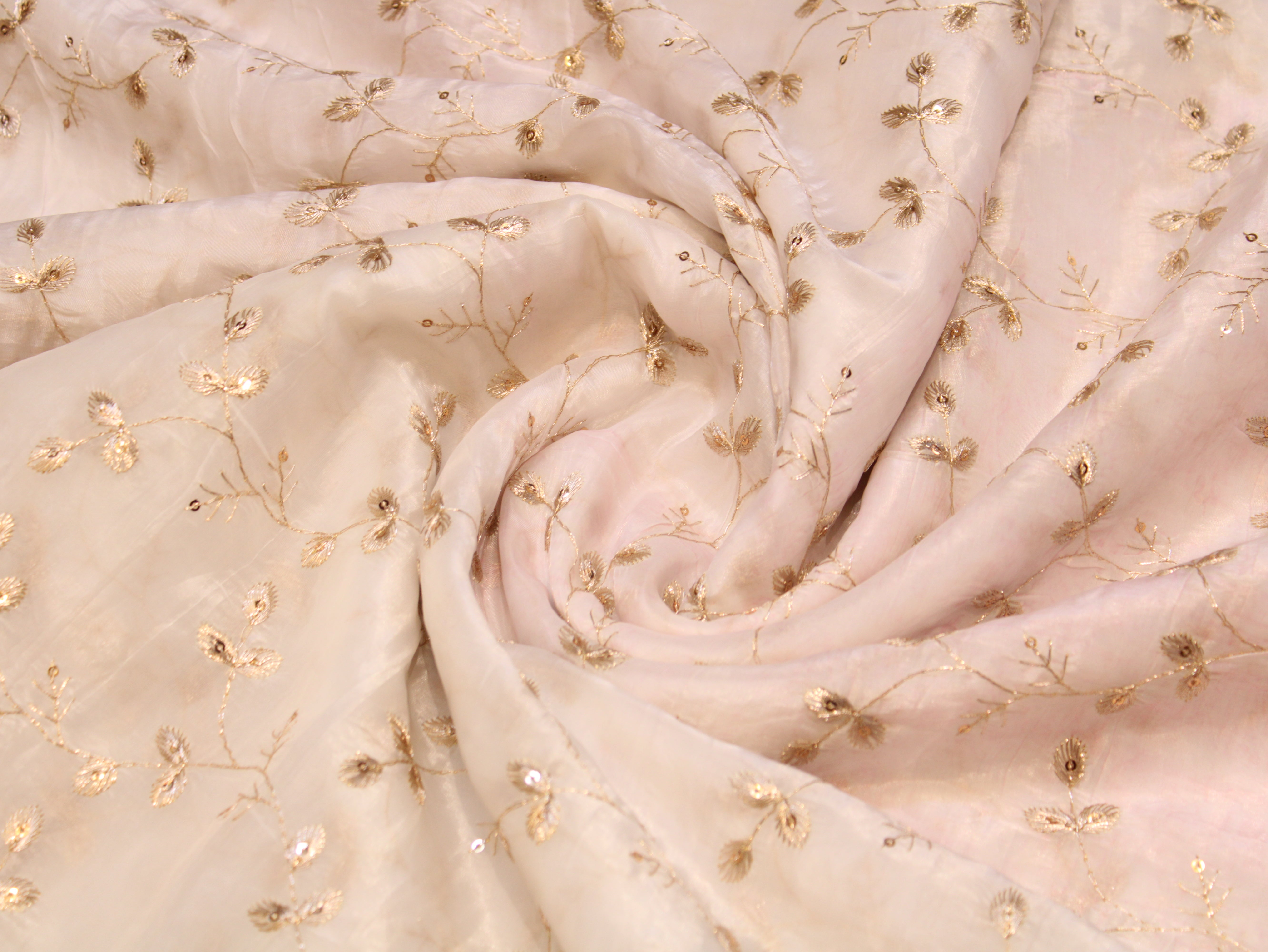 Soft Silk Organza Fabric with Sequin, Zari & Semi Bits Work - White