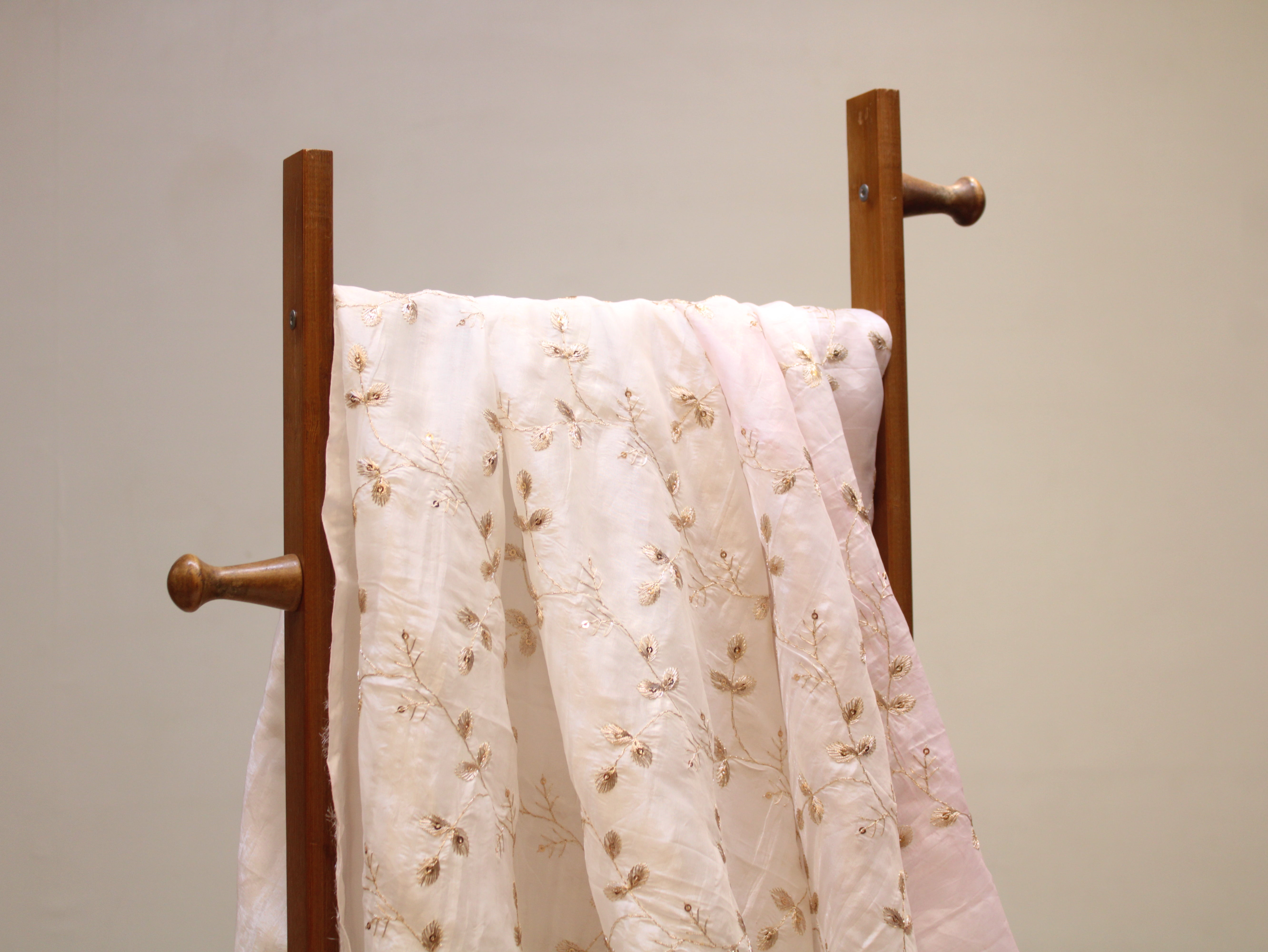 Soft Silk Organza Fabric with Sequin, Zari & Semi Bits Work - White