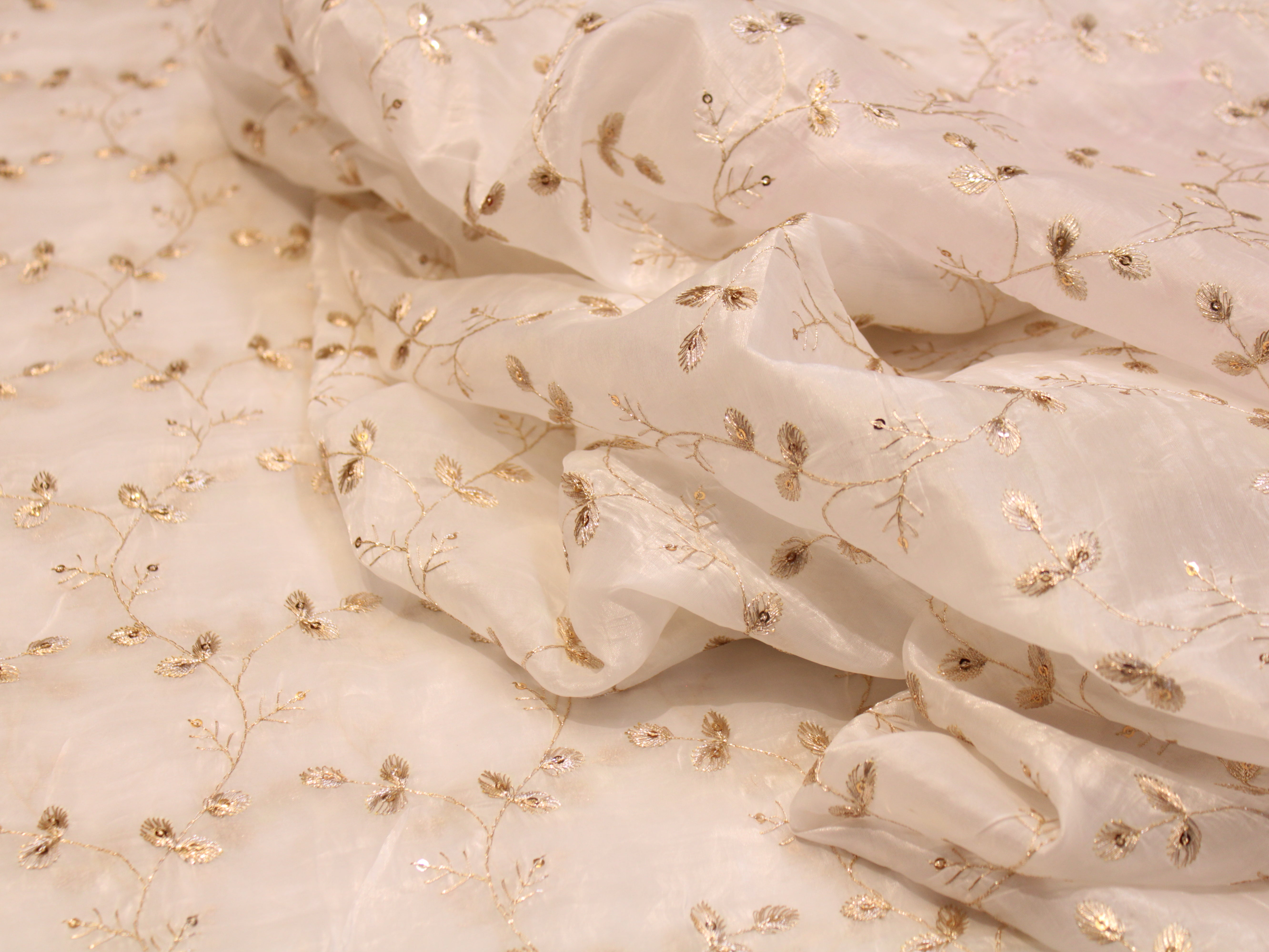 Soft Silk Organza Fabric with Sequin, Zari & Semi Bits Work - White