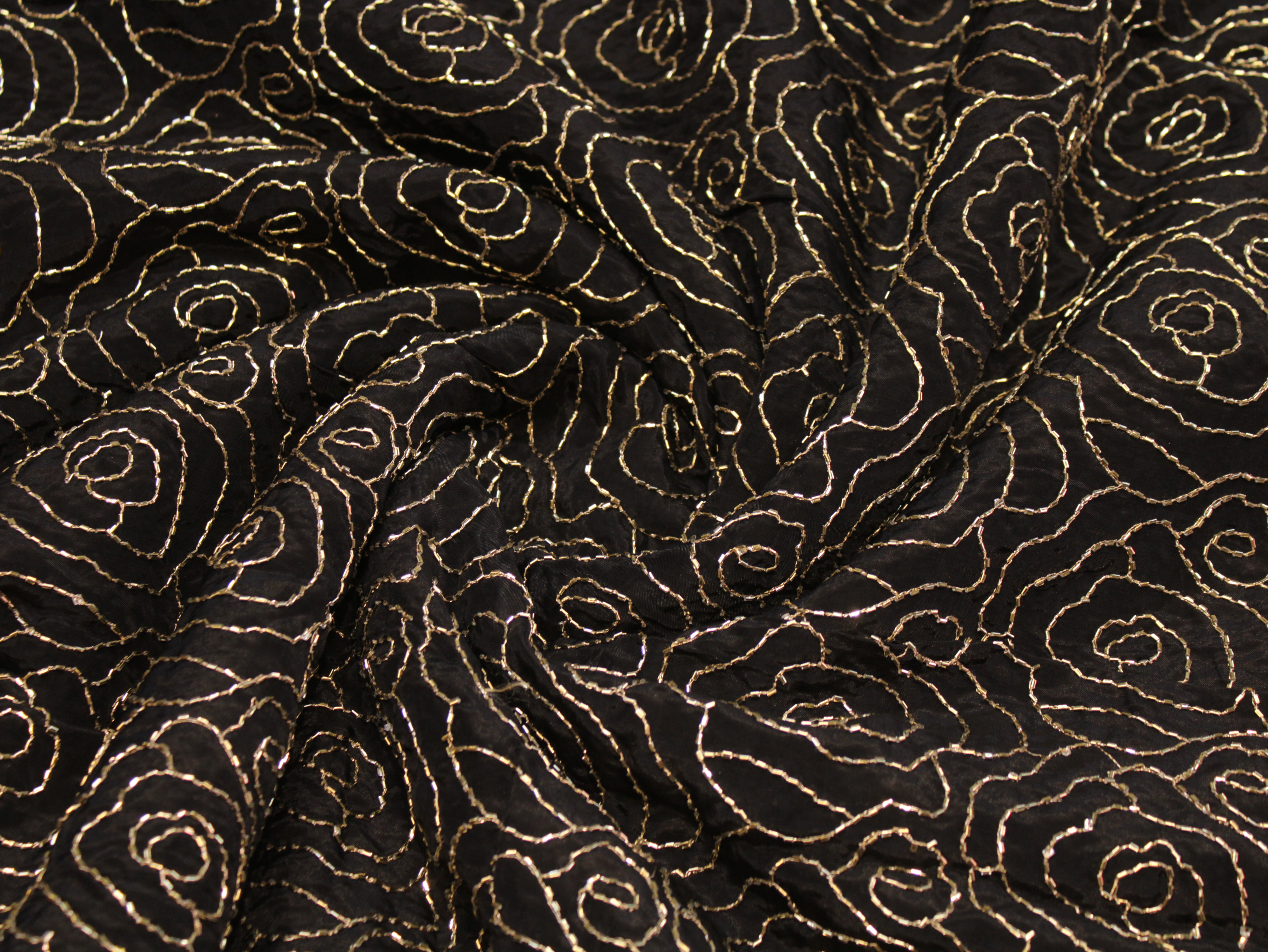 Pure Natural Crepe Fabric with Premium Pipe Beads Work - Black