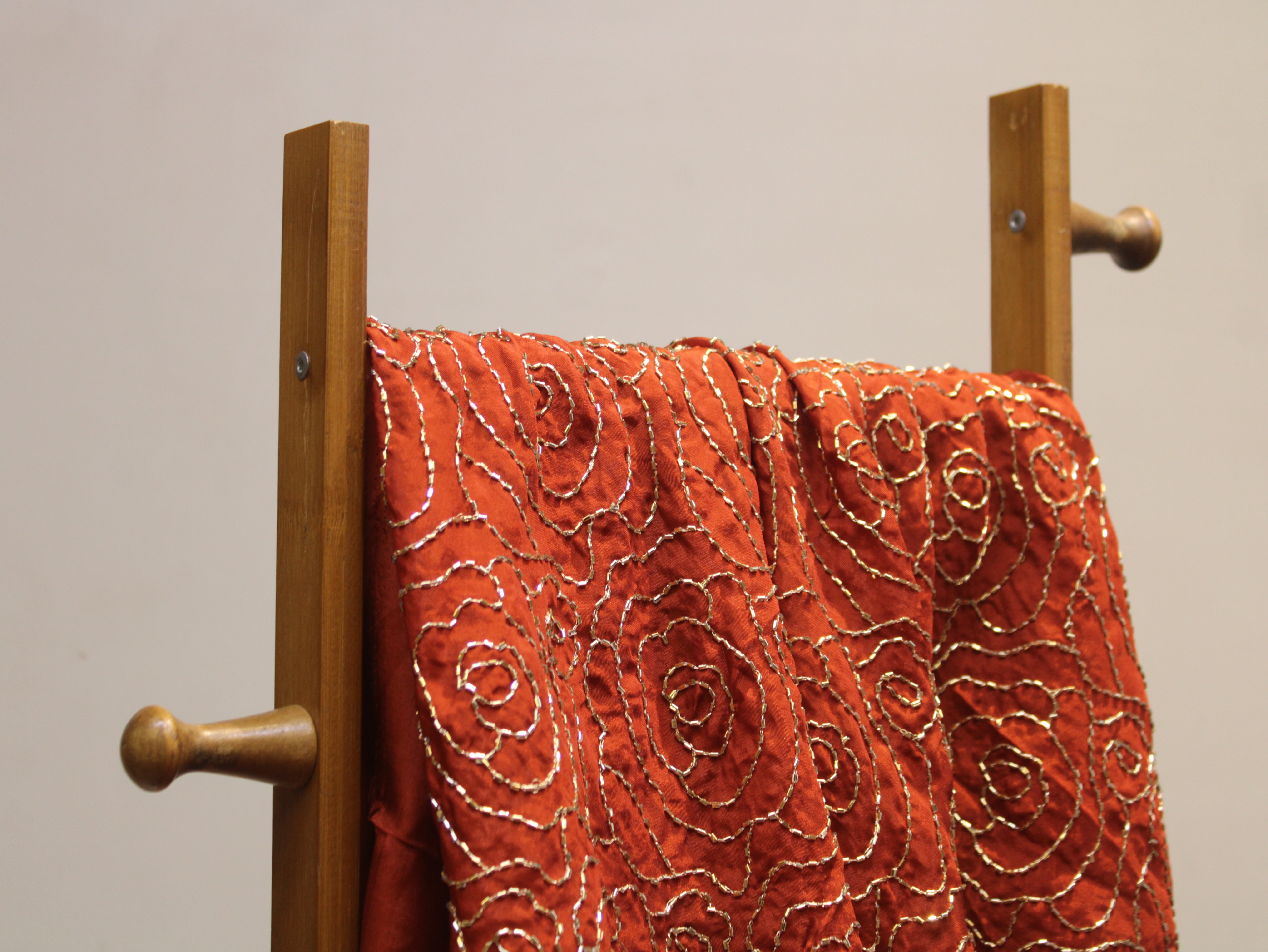 Pure Natural Crepe Fabric with Premium Pipe Beads Work - Rust Orange