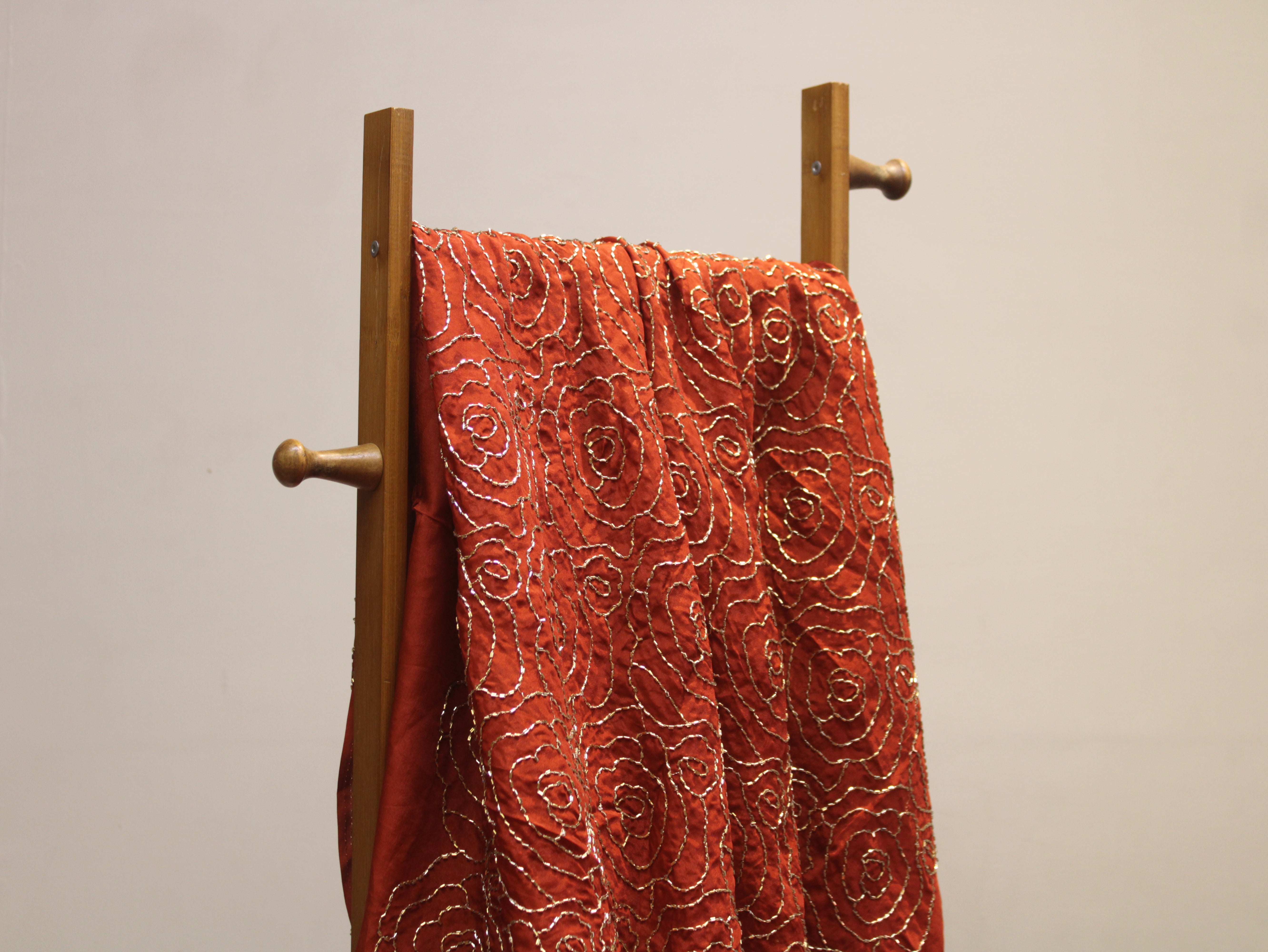 Pure Natural Crepe Fabric with Premium Pipe Beads Work - Rust Orange