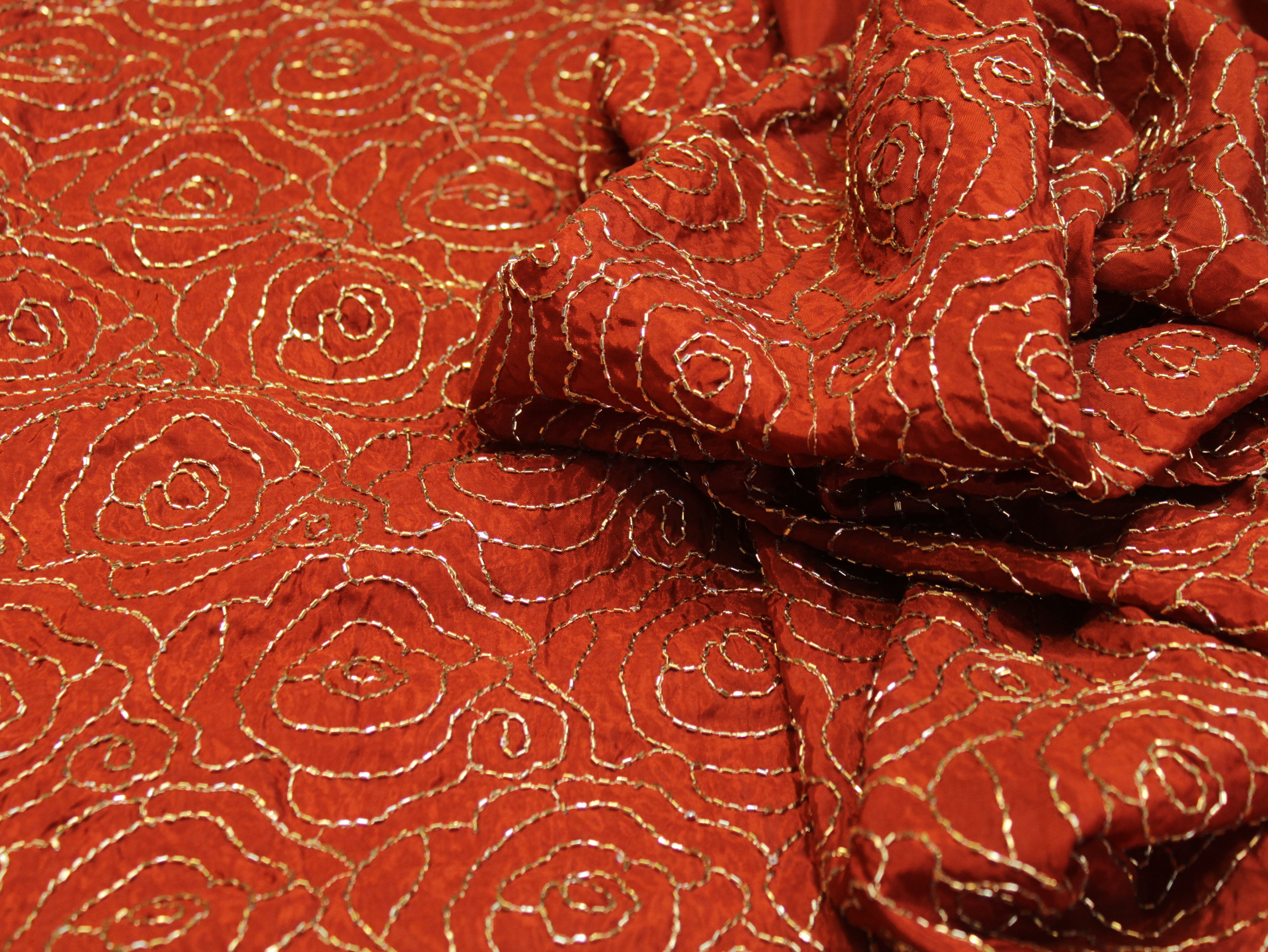 Pure Natural Crepe Fabric with Premium Pipe Beads Work - Rust Orange