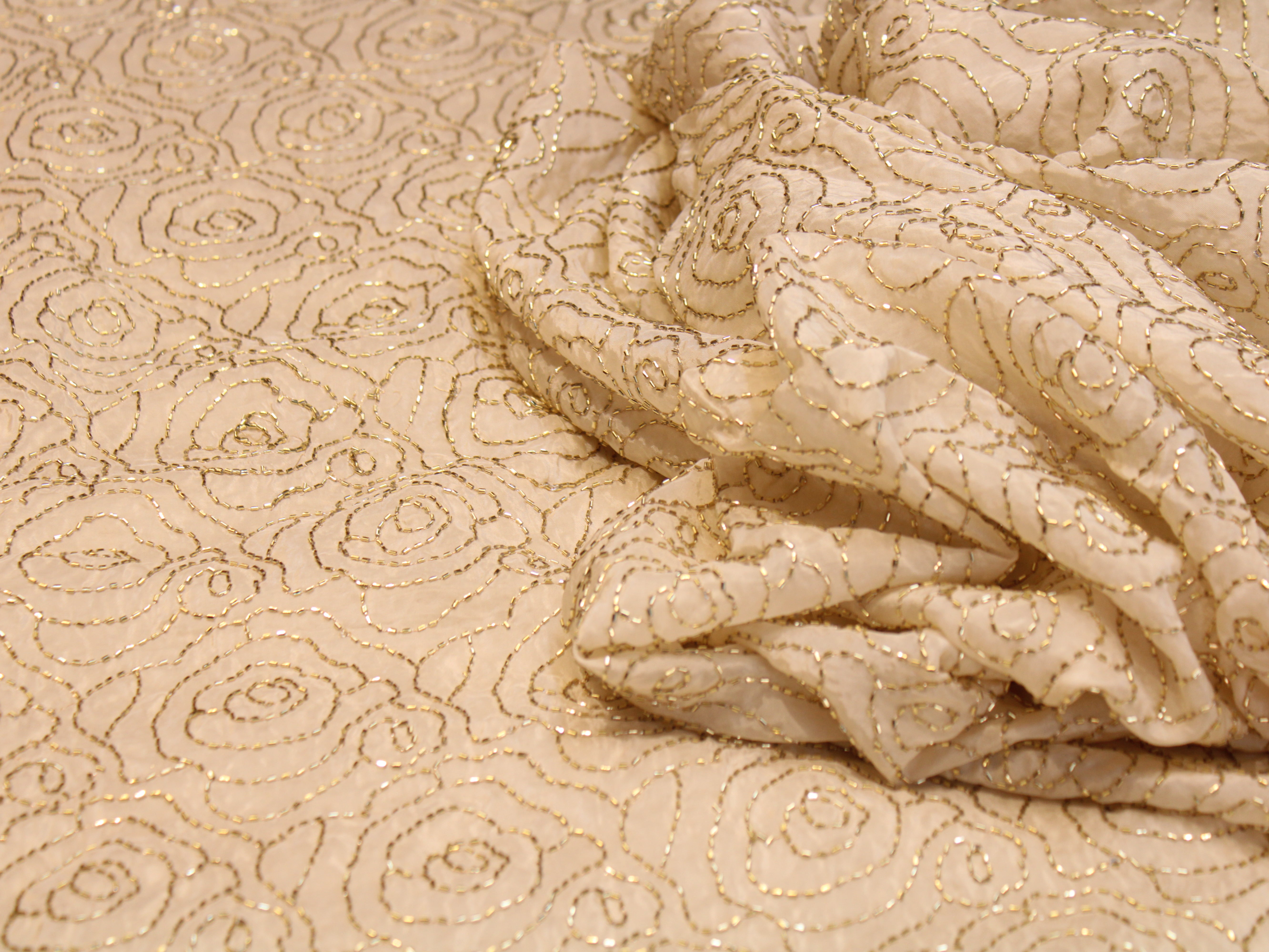 Pure Natural Crepe Fabric with Premium Pipe Beads Work - Cream