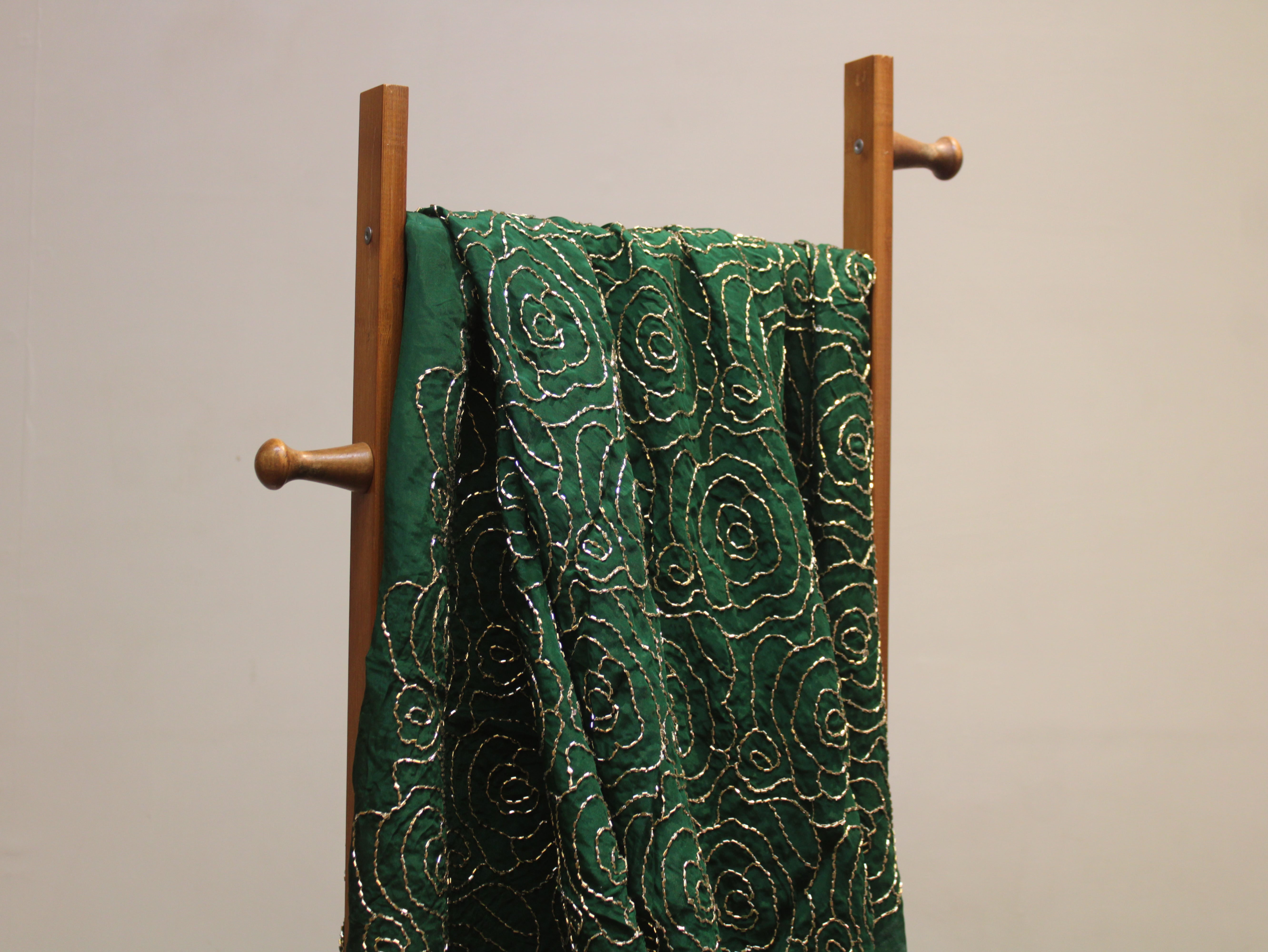 Pure Natural Crepe Fabric with Premium Pipe Beads Work - Dark Green