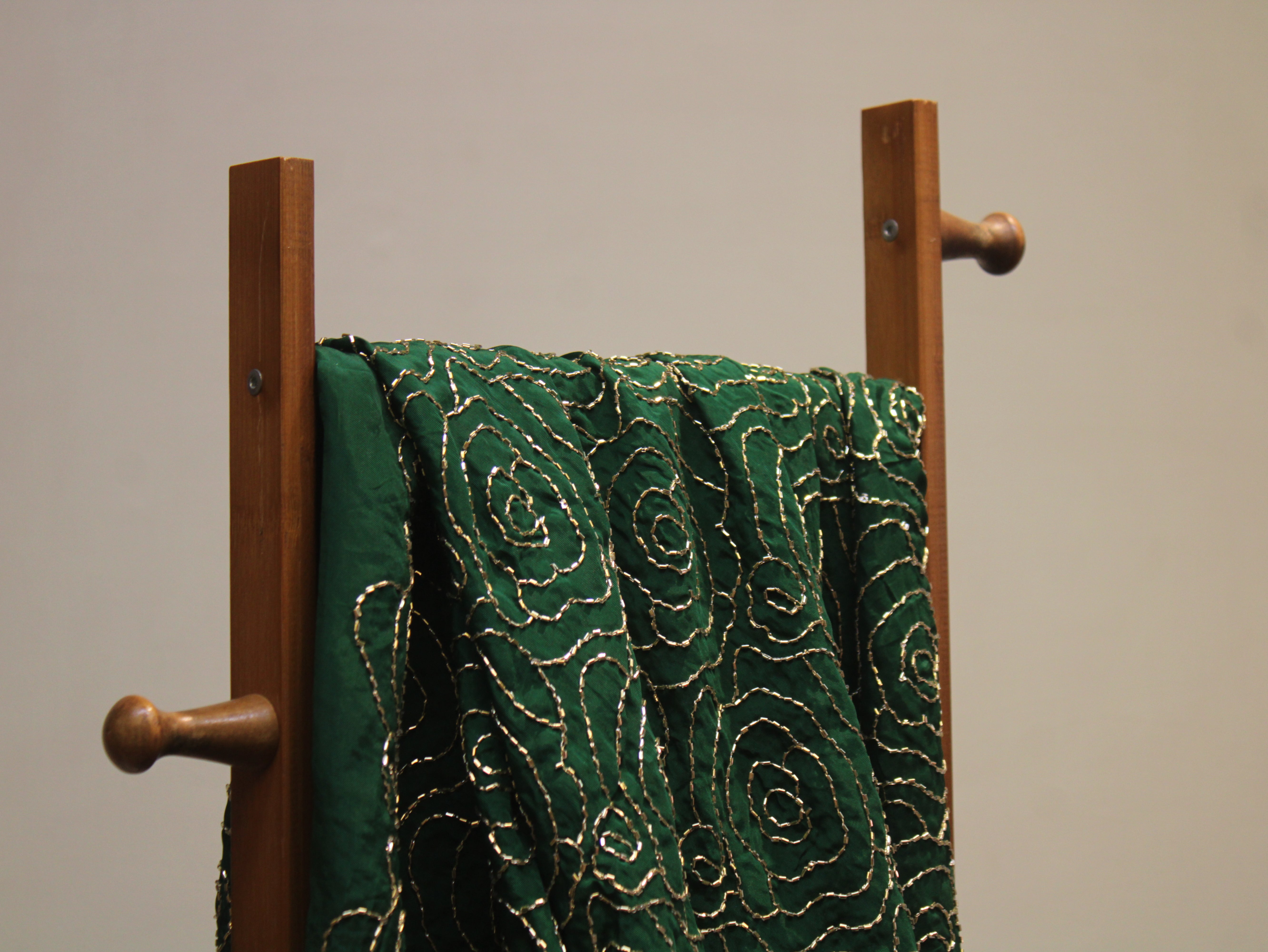 Pure Natural Crepe Fabric with Premium Pipe Beads Work - Dark Green