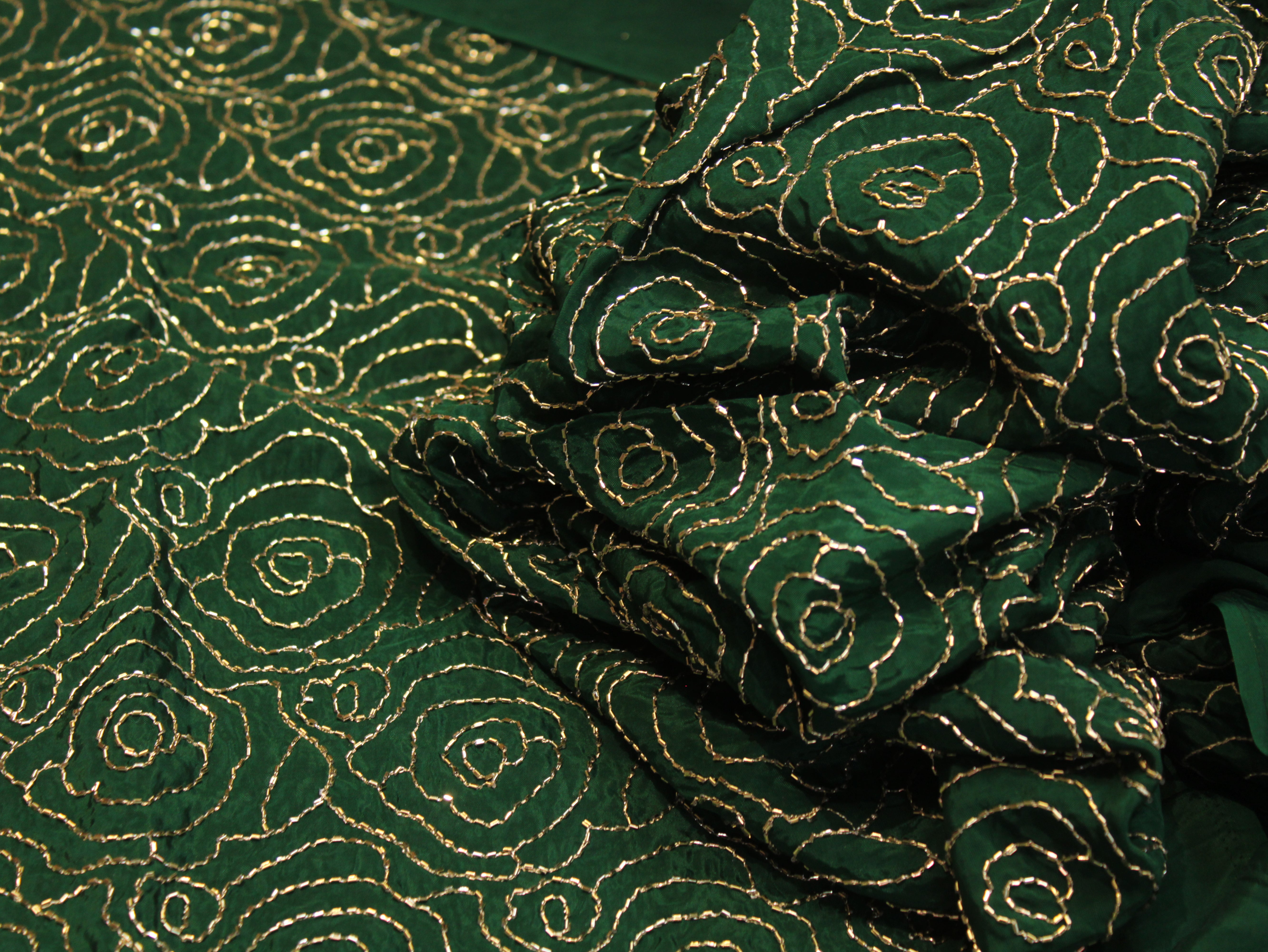 Pure Natural Crepe Fabric with Premium Pipe Beads Work - Dark Green