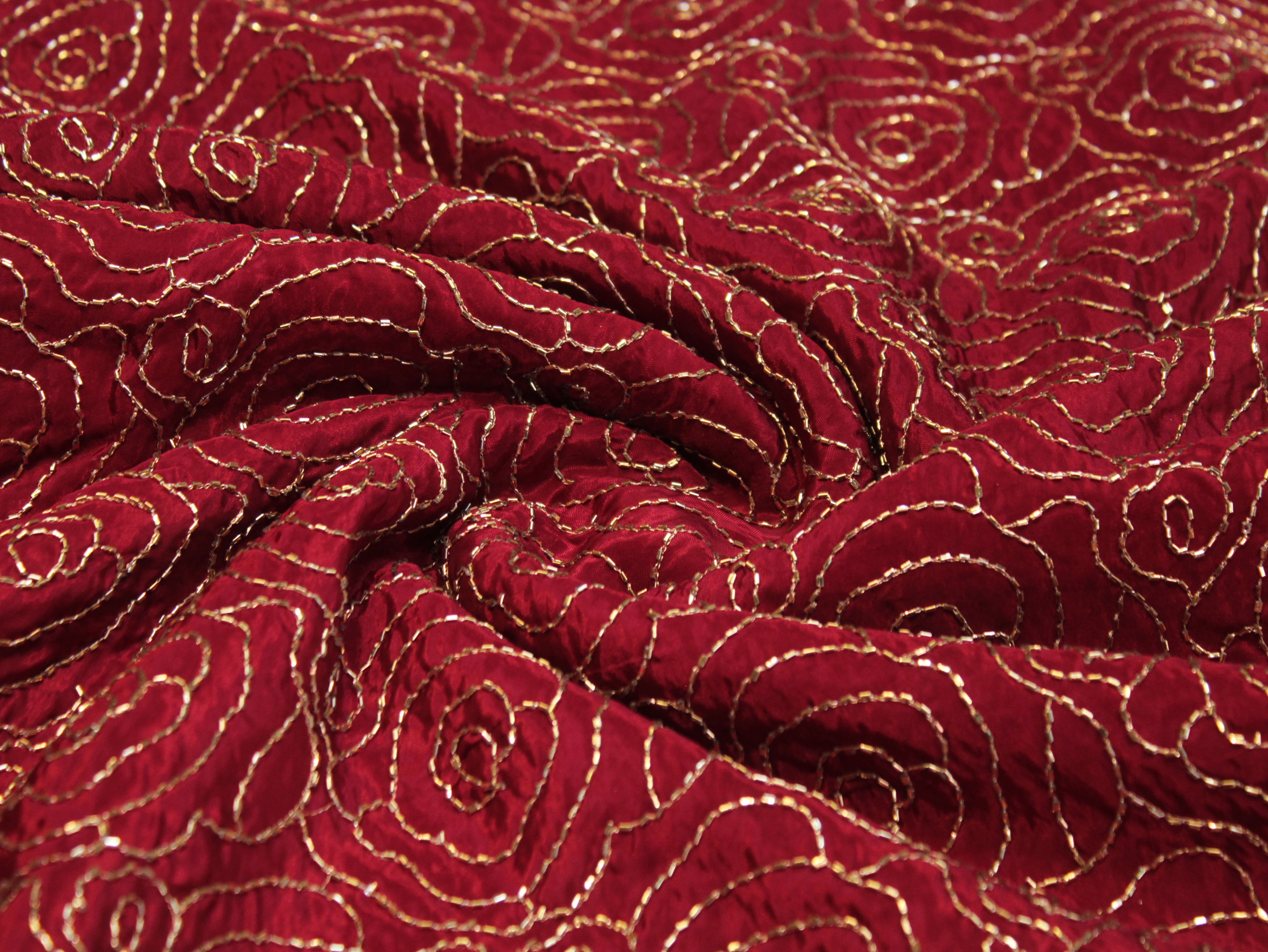 Pure Natural Crepe Fabric with Premium Pipe Beads Work - Maroon