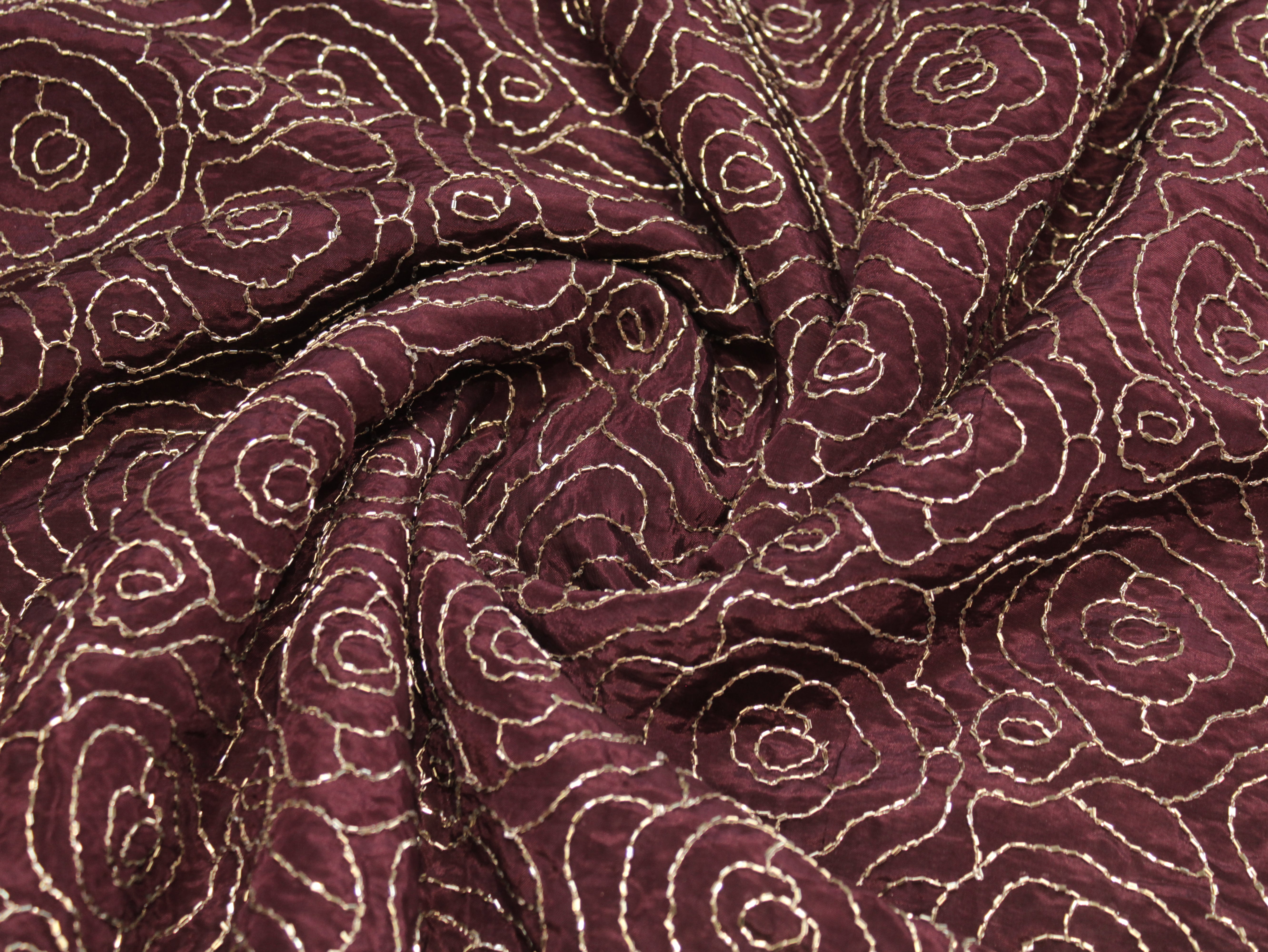 Pure Natural Crepe Fabric with Premium Pipe Beads Work - Wine
