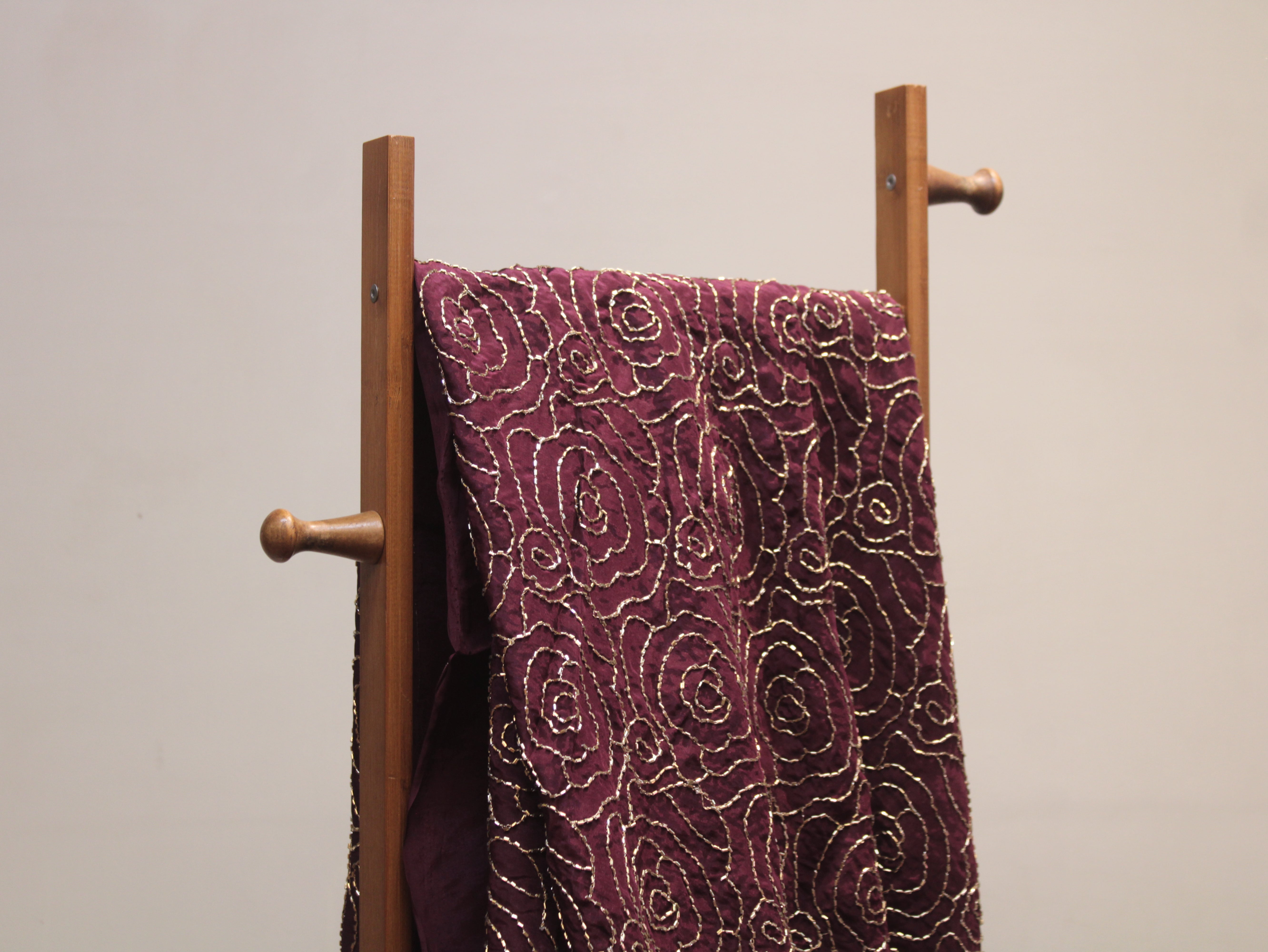 Pure Natural Crepe Fabric with Premium Pipe Beads Work - Wine