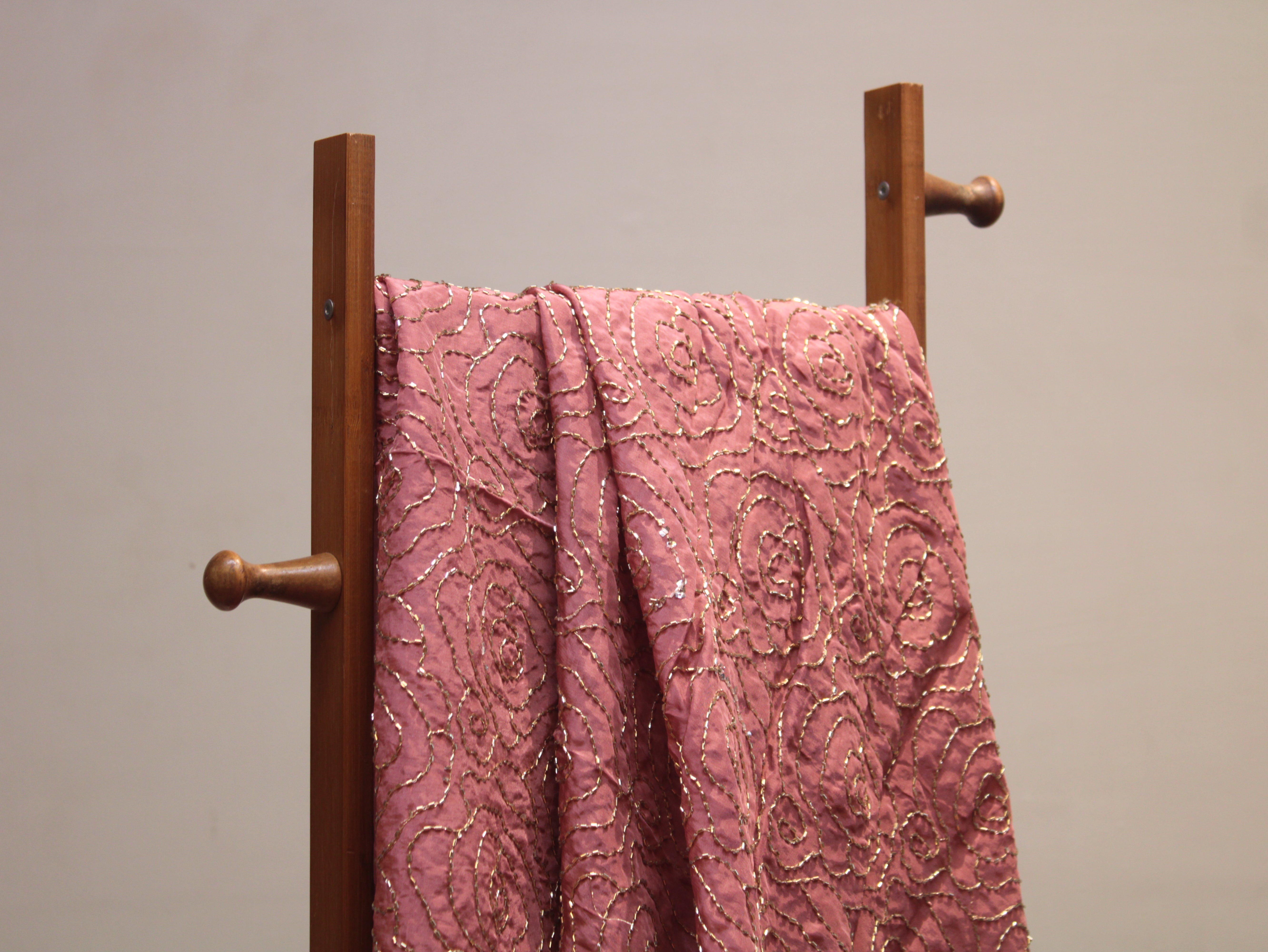 Pure Natural Crepe Fabric with Premium Pipe Beads Work - Dusty Rose