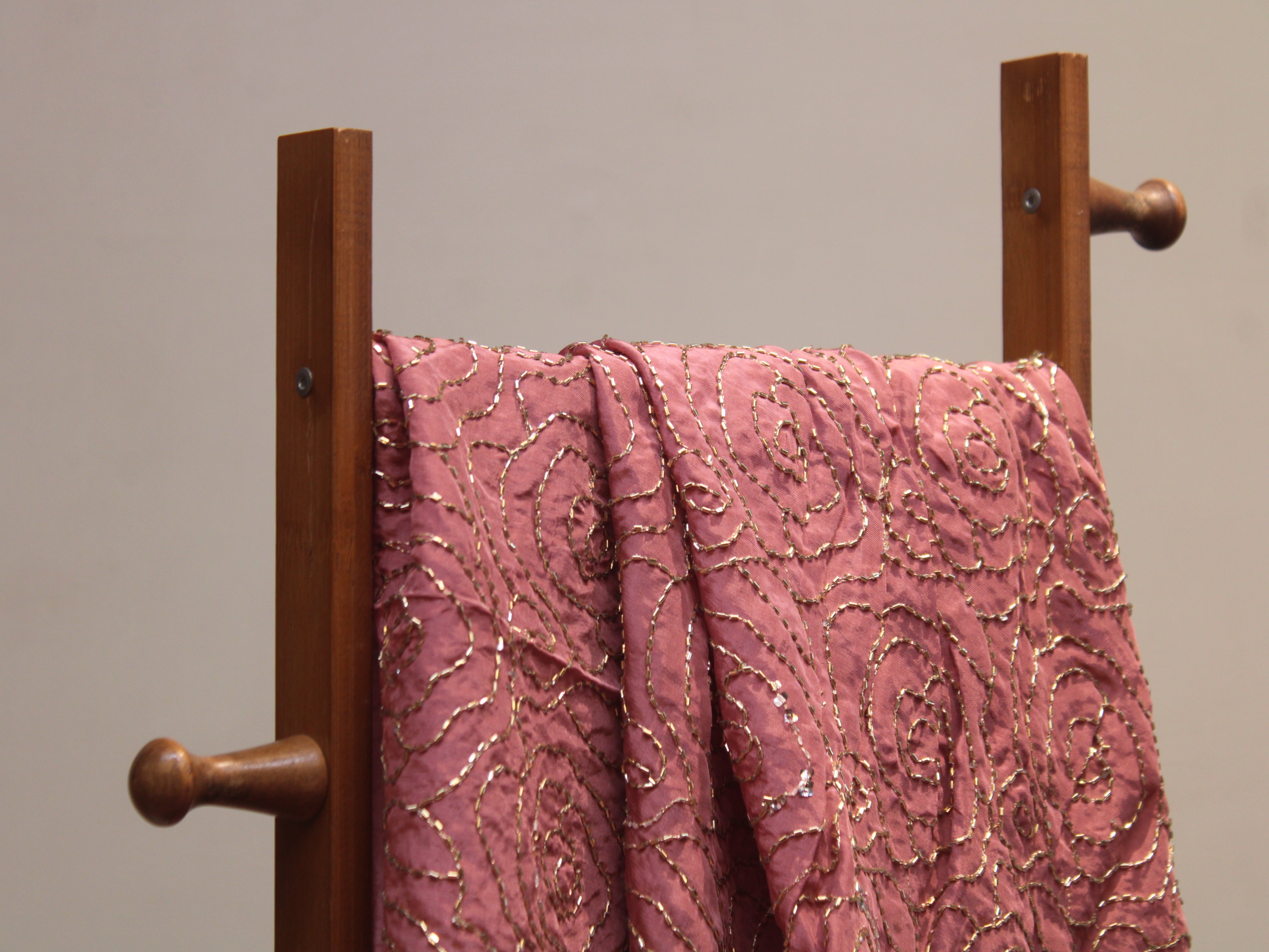 Pure Natural Crepe Fabric with Premium Pipe Beads Work - Dusty Rose